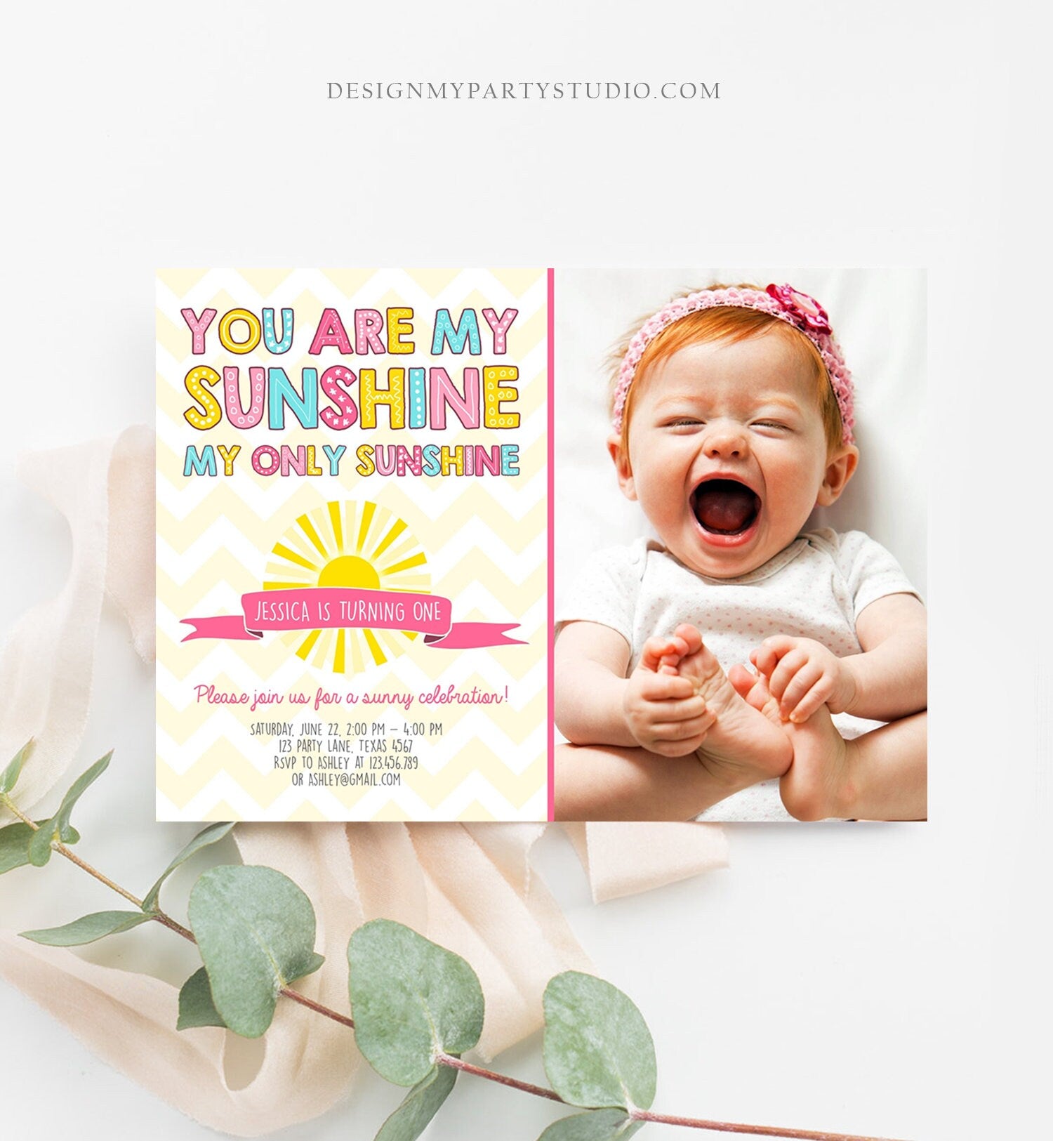 Editable Sunshine Birthday Party Invitation You Are My Sunshine 1st Birthday Invite Lemonade Pink Girl Printable Invite Template Corjl 0097