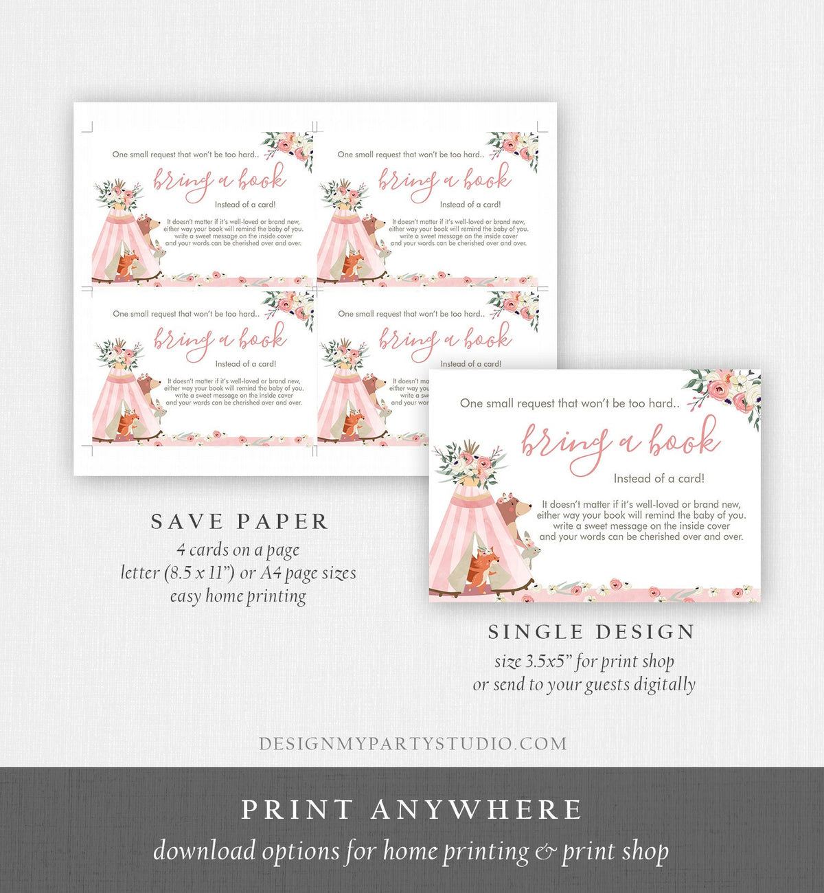 Editable Woodland Bring a Book Card Woodland Animals Baby Shower Pink Girl Teepee Boho Floral Insert Card Template PRINTABLE Corjl 0222
