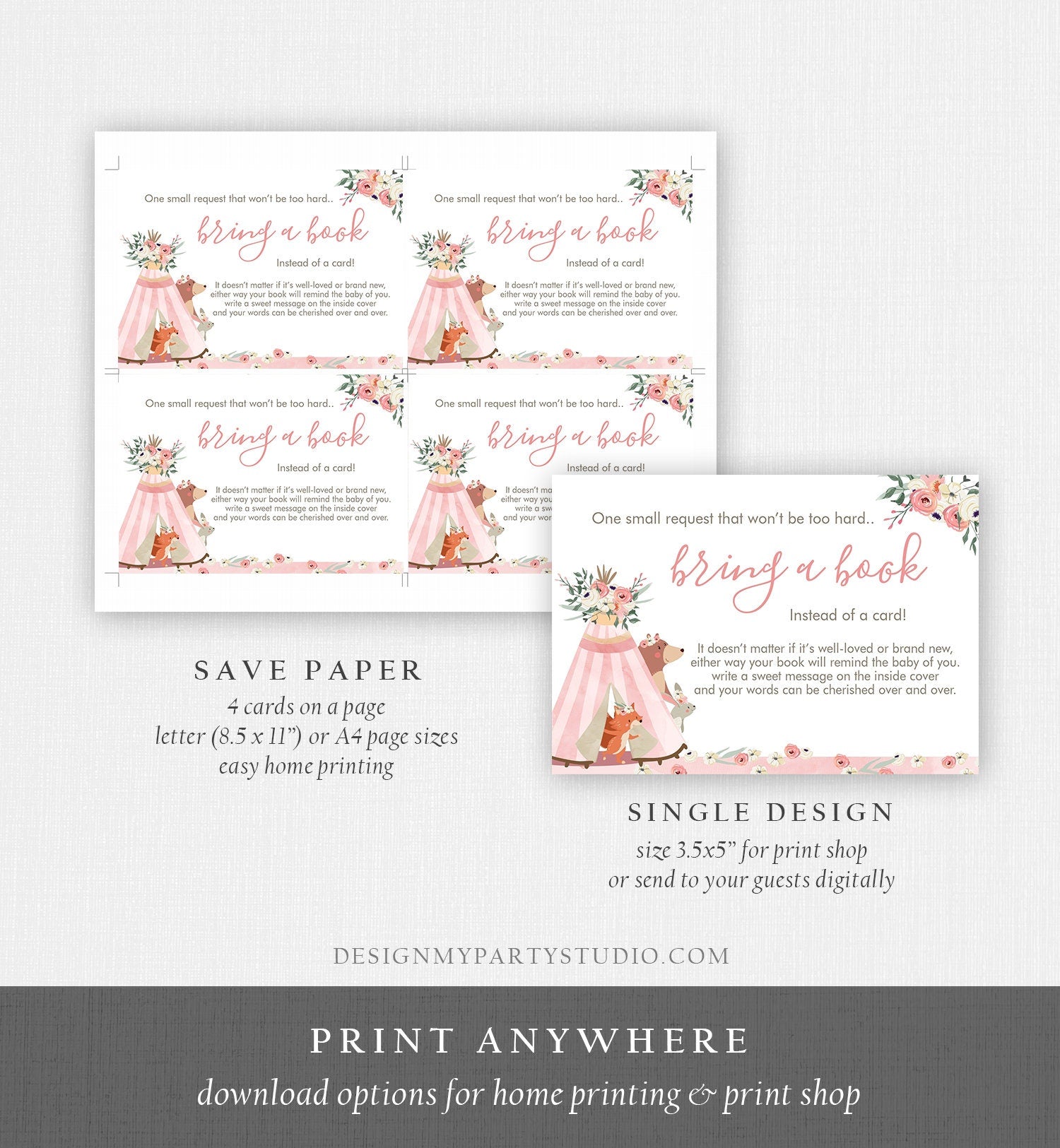 Editable Woodland Bring a Book Card Woodland Animals Baby Shower Pink Girl Teepee Boho Floral Insert Card Template PRINTABLE Corjl 0222