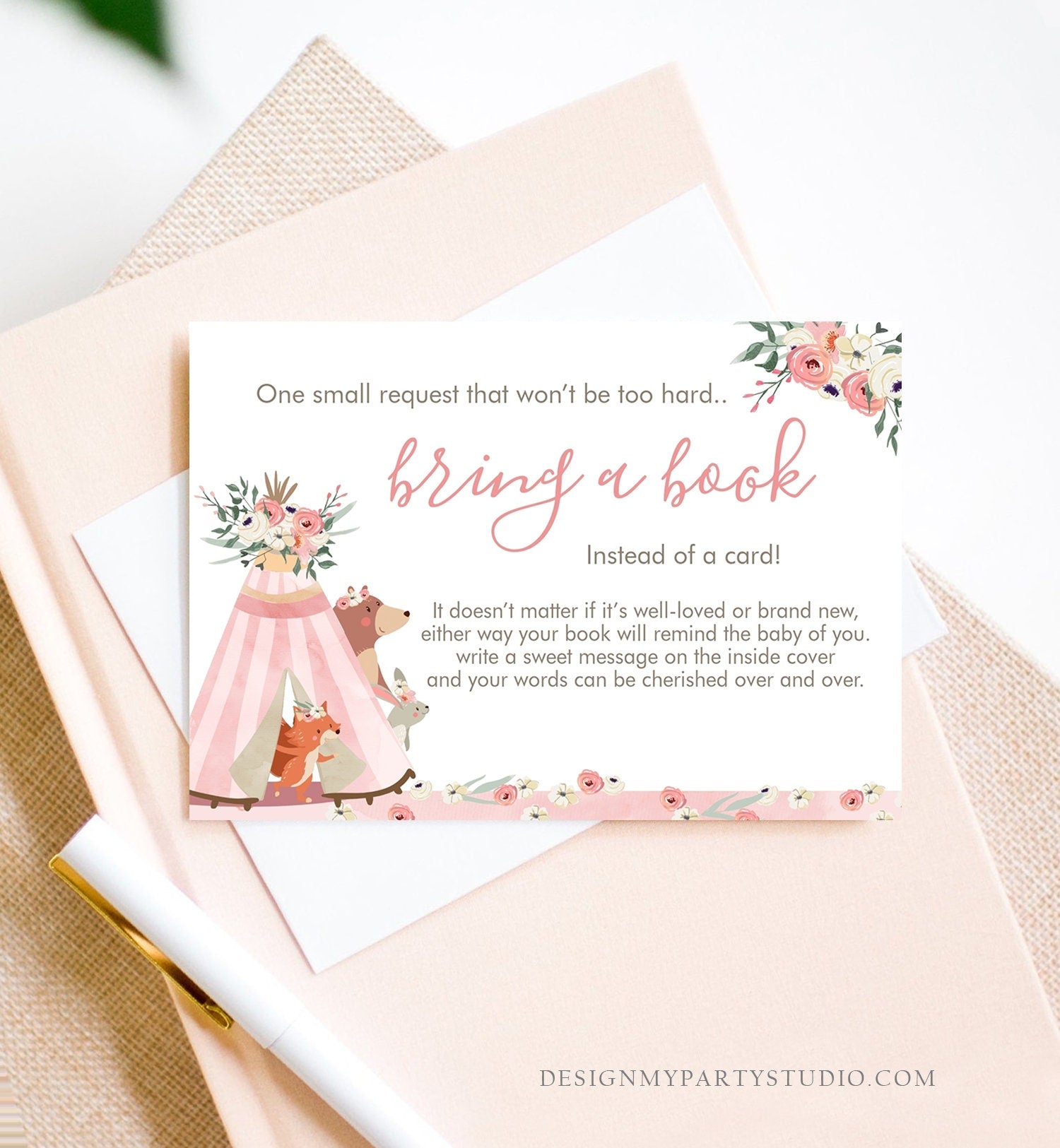 Editable Woodland Bring a Book Card Woodland Animals Baby Shower Pink Girl Teepee Boho Floral Insert Card Template PRINTABLE Corjl 0222