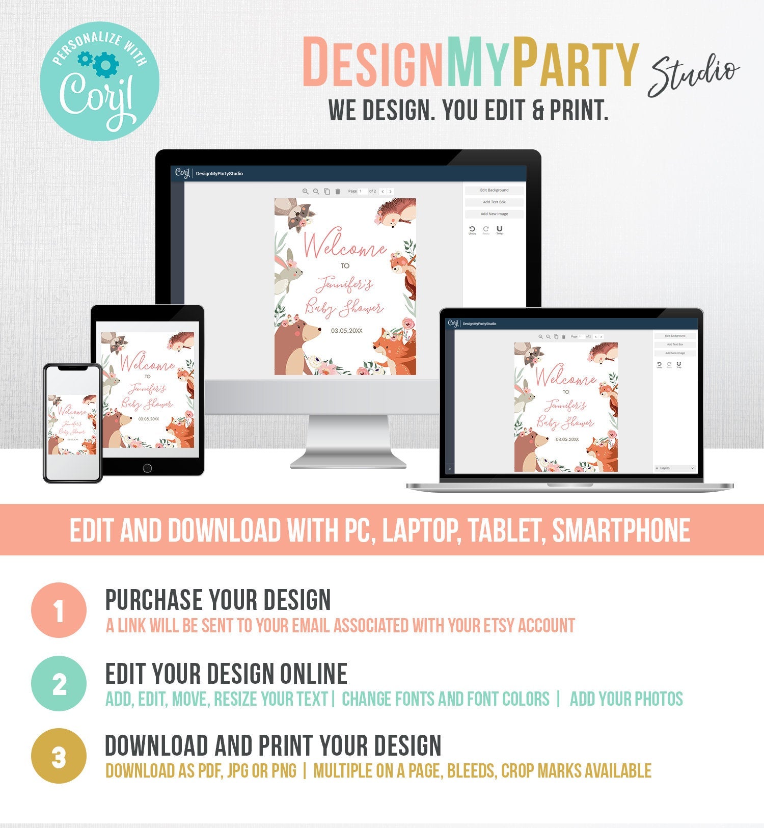 Editable Woodland Welcome Sign Woodland Baby Shower Welcome Girl Rustic Floral Boho Forest Animals Birthday Corjl Template PRINTABLE 0222