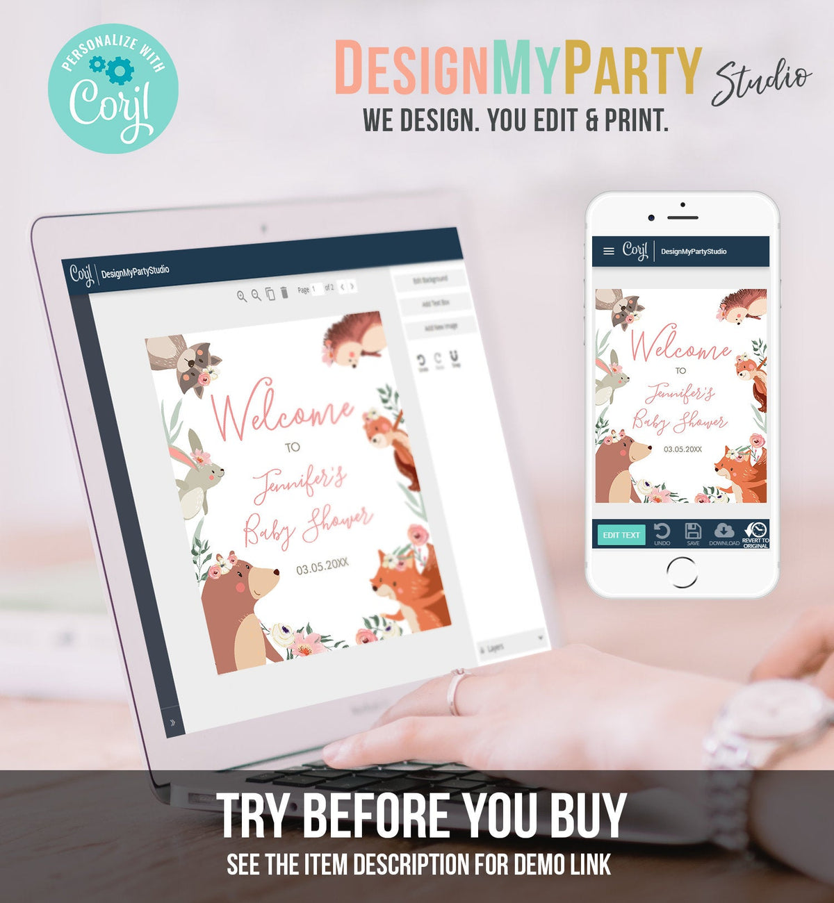 Editable Woodland Welcome Sign Woodland Baby Shower Welcome Girl Rustic Floral Boho Forest Animals Birthday Corjl Template PRINTABLE 0222