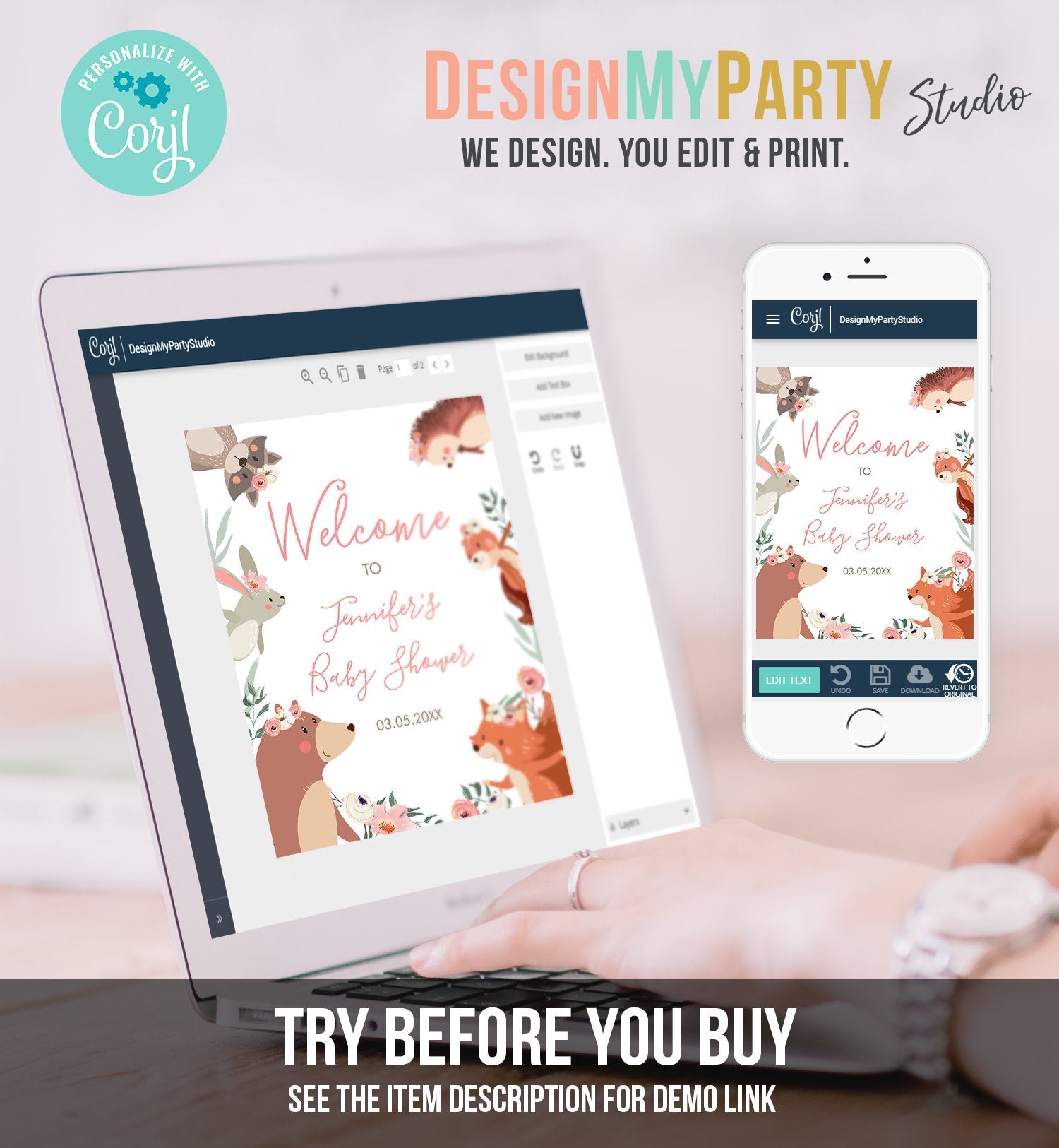 Editable Woodland Welcome Sign Woodland Baby Shower Welcome Girl Rustic Floral Boho Forest Animals Birthday Corjl Template PRINTABLE 0222