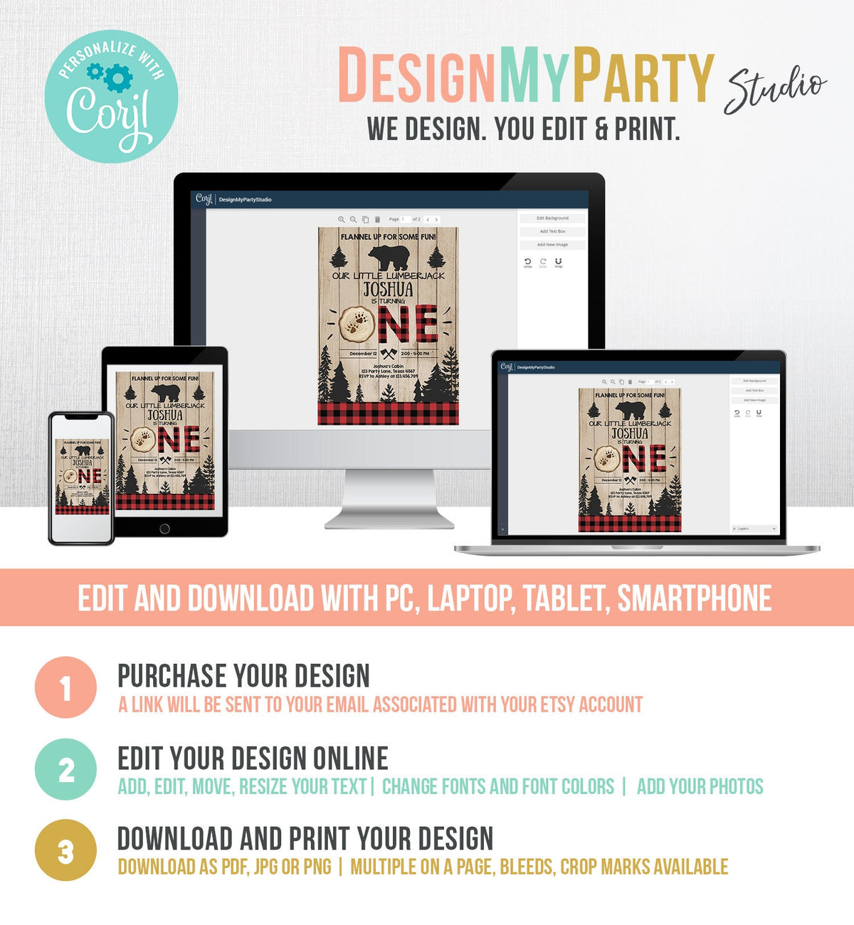 Editable Lumberjack Birthday Invitation Rustic Woodland First Birthday Bear Buffalo Plaid Forest Wilderness Printable Corjl Template 0191