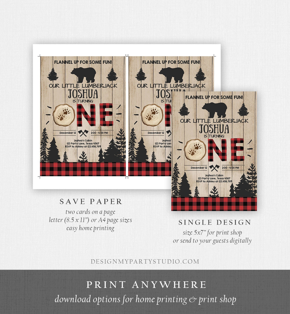 Editable Lumberjack Birthday Invitation Rustic Woodland First Birthday Bear Buffalo Plaid Forest Wilderness Printable Corjl Template 0191