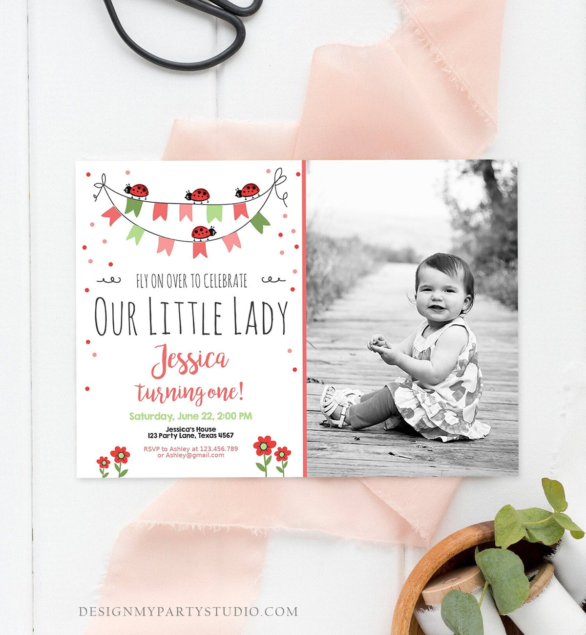 Editable Ladybug Birthday invitation Lady Bug Invite Bug Girl Birthday Pink Summer Instant Download Printable Invitation Template Corjl 0126