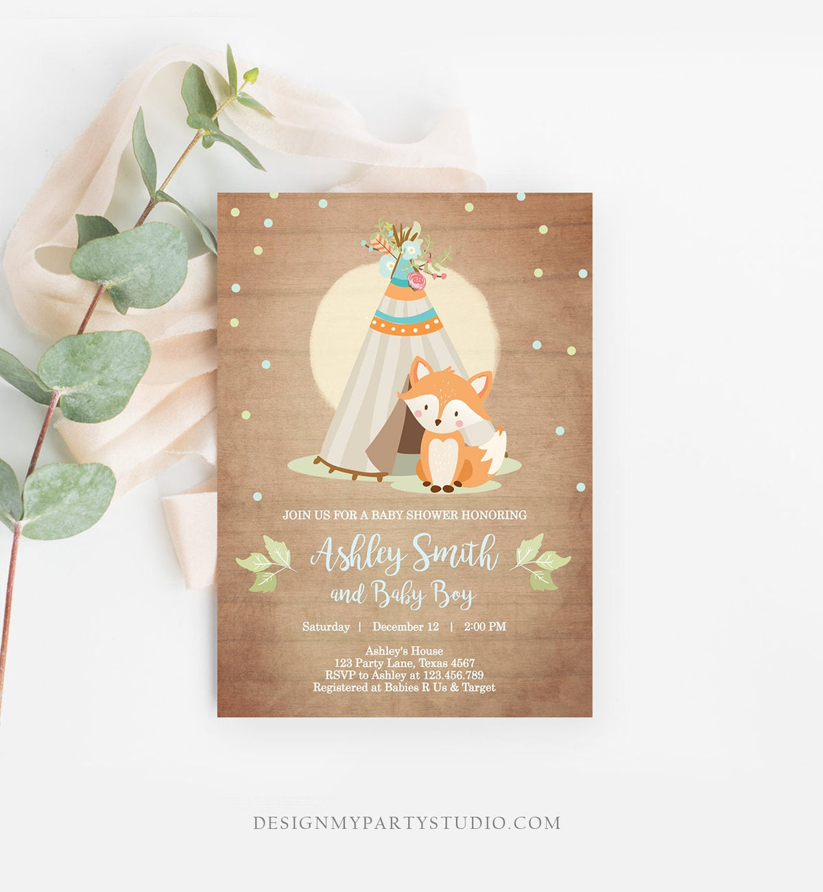 Editable Fox Baby Shower Invitation Woodland Teepee Boho Tribal Boy Baby Shower Blue Wood Download Printable Template Corjl Digital 0052