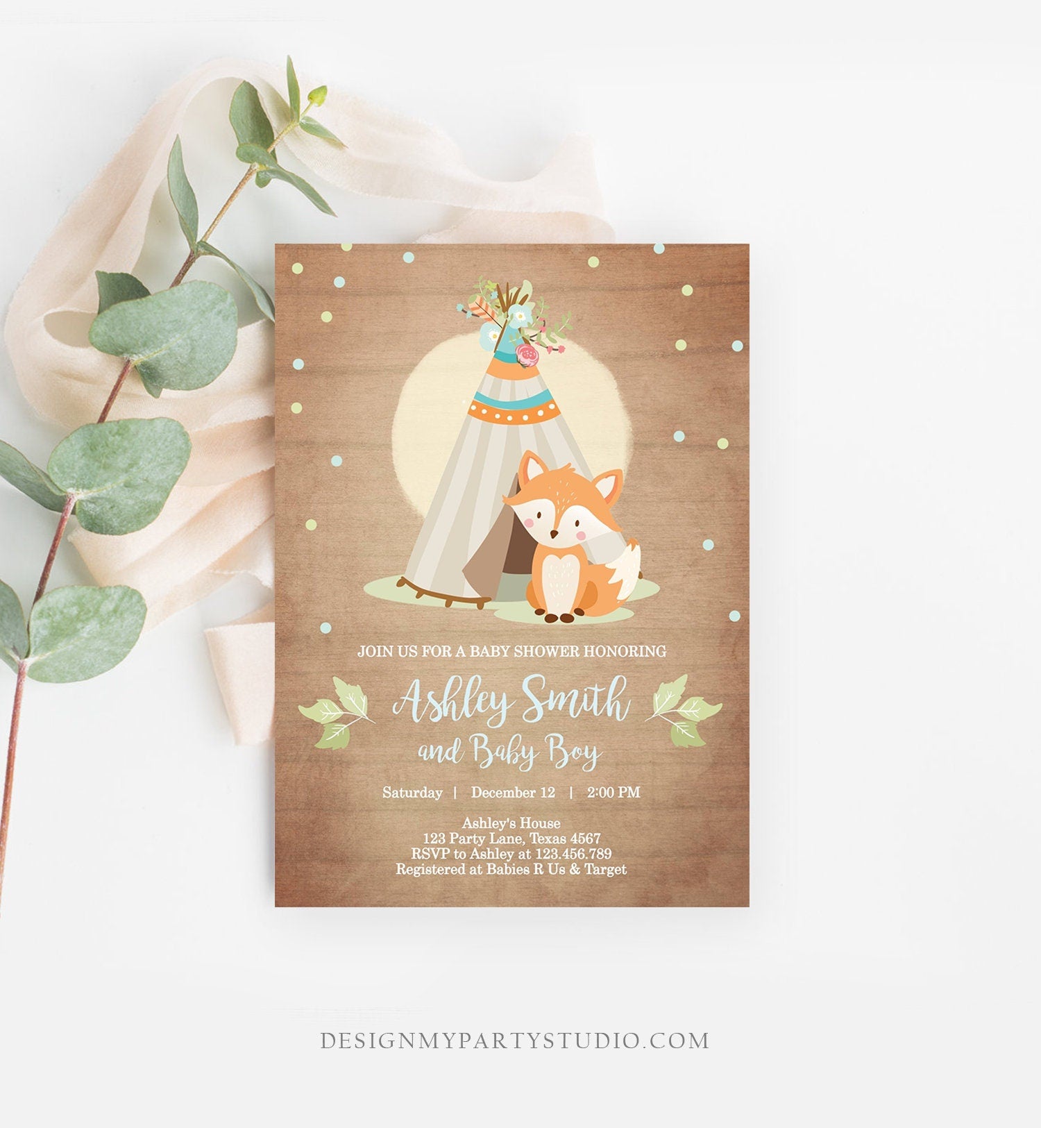 Editable Fox Baby Shower Invitation Woodland Teepee Boho Tribal Boy Baby Shower Blue Wood Download Printable Template Corjl Digital 0052
