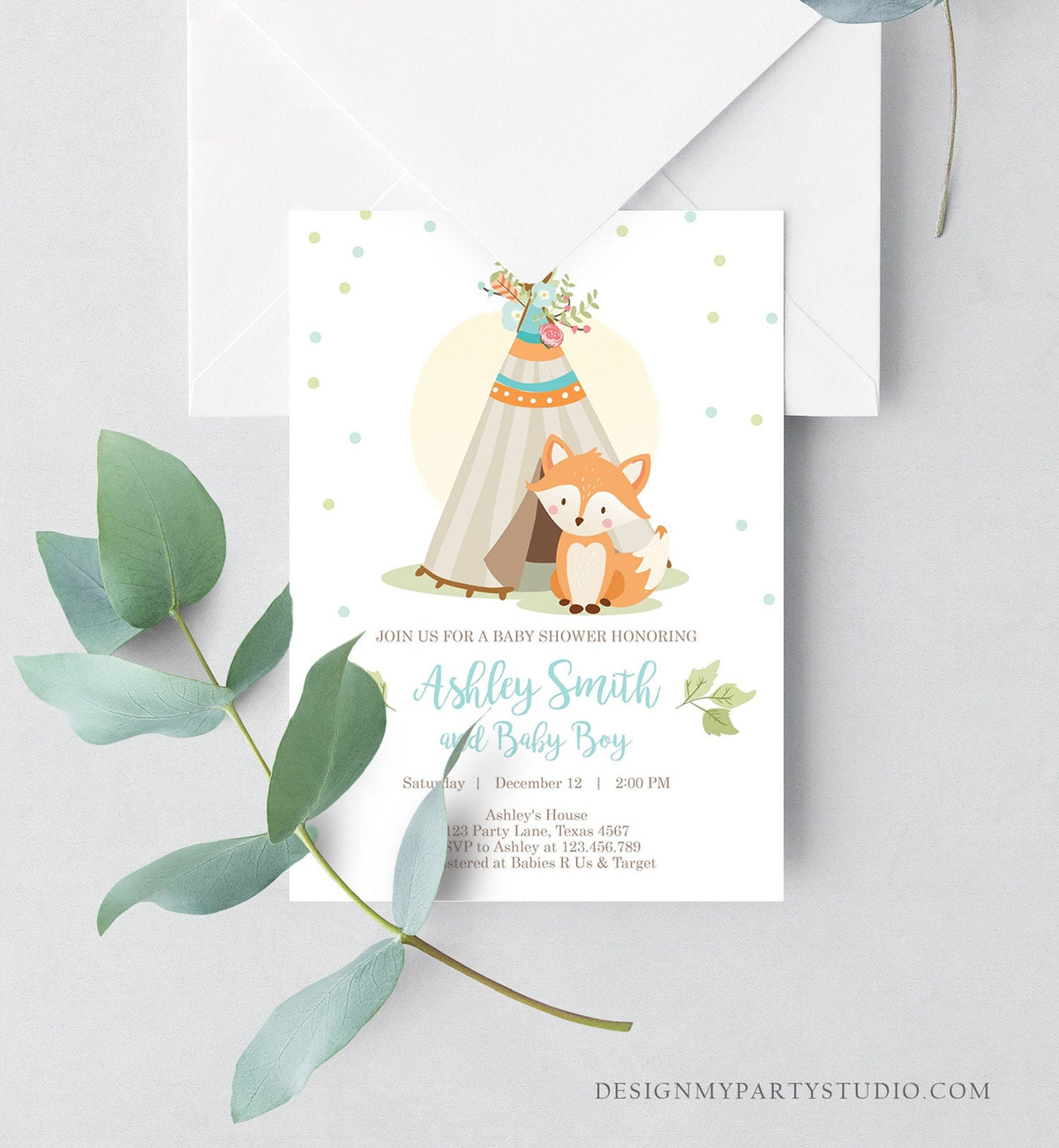 Editable Fox Baby Shower Invitation Woodland Teepee Boho Tribal Boy Baby Shower Blue Simple Download Printable Template Corjl Digital 0052