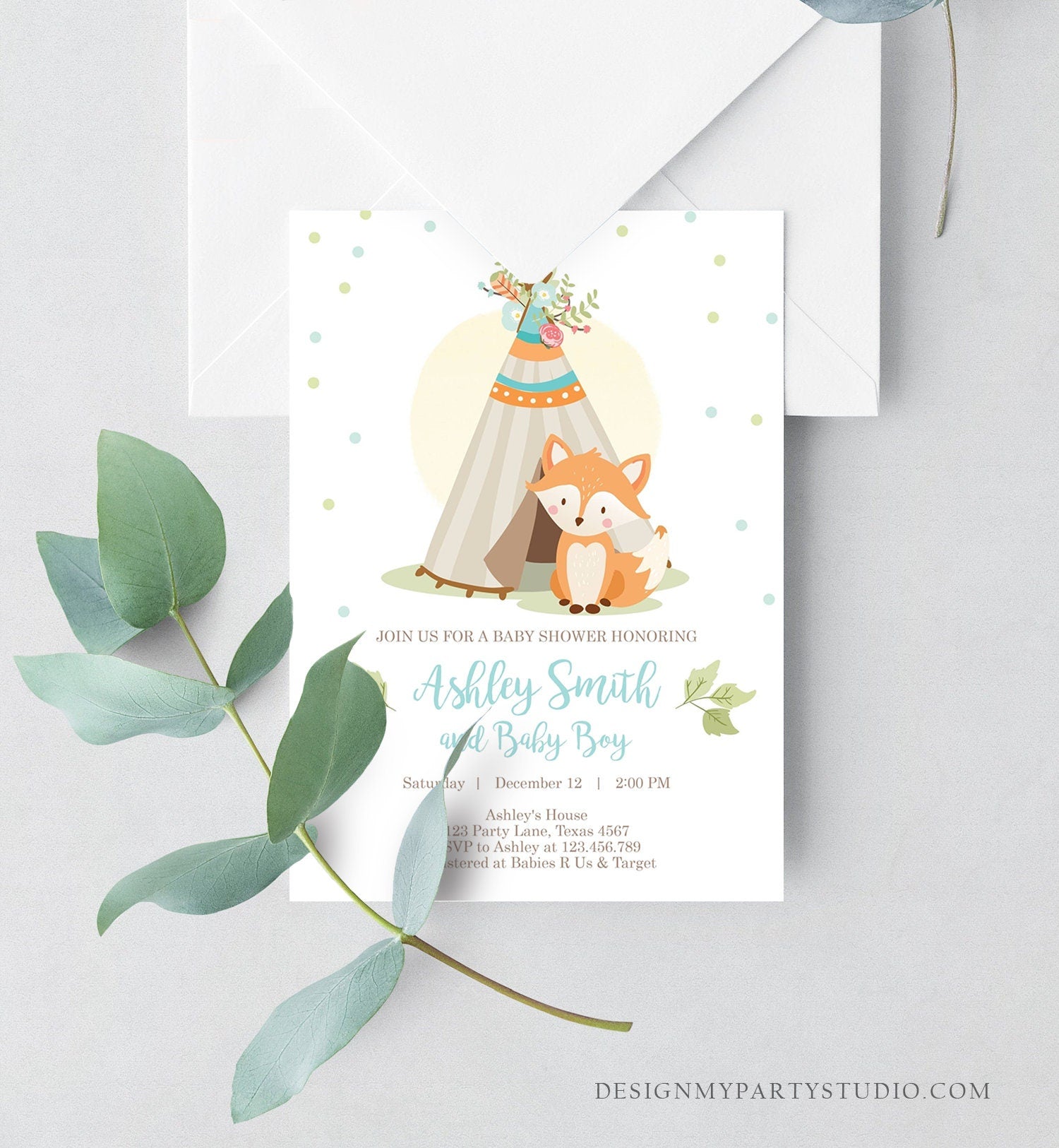 Editable Fox Baby Shower Invitation Woodland Teepee Boho Tribal Boy Baby Shower Blue Simple Download Printable Template Corjl Digital 0052