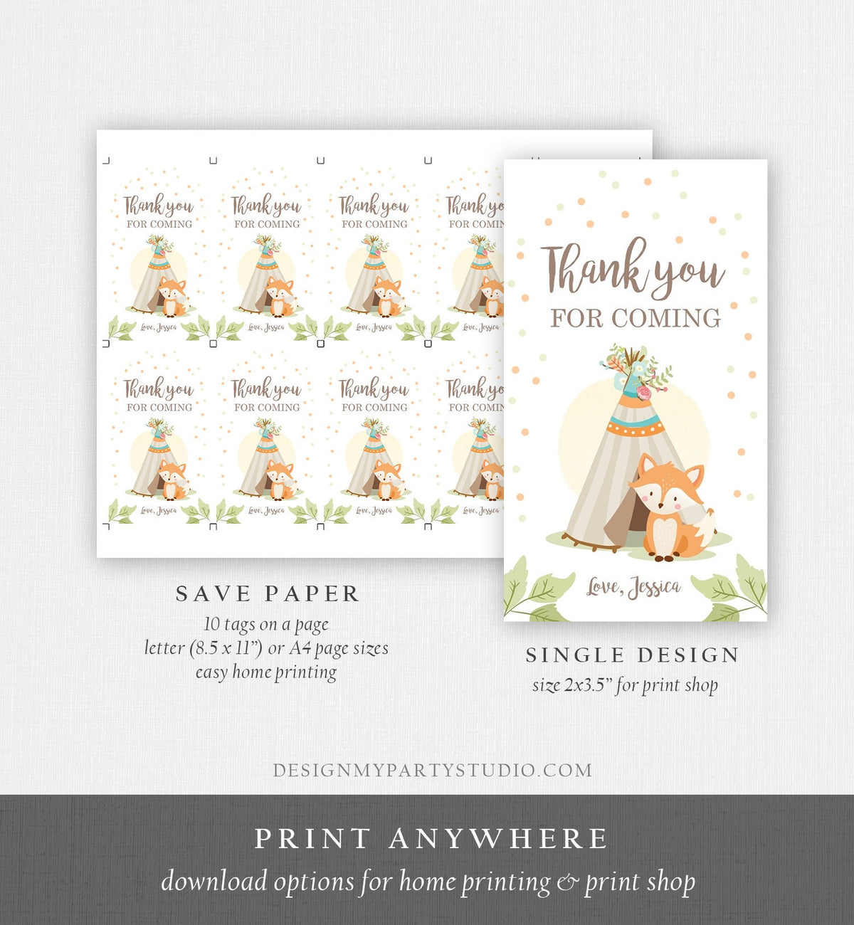 Editable Woodland Baby Shower Thank you Tags Favor tags Fox Baby Shower Teepee Boho Tribal Woodland Floral Shower Template Corjl 0052