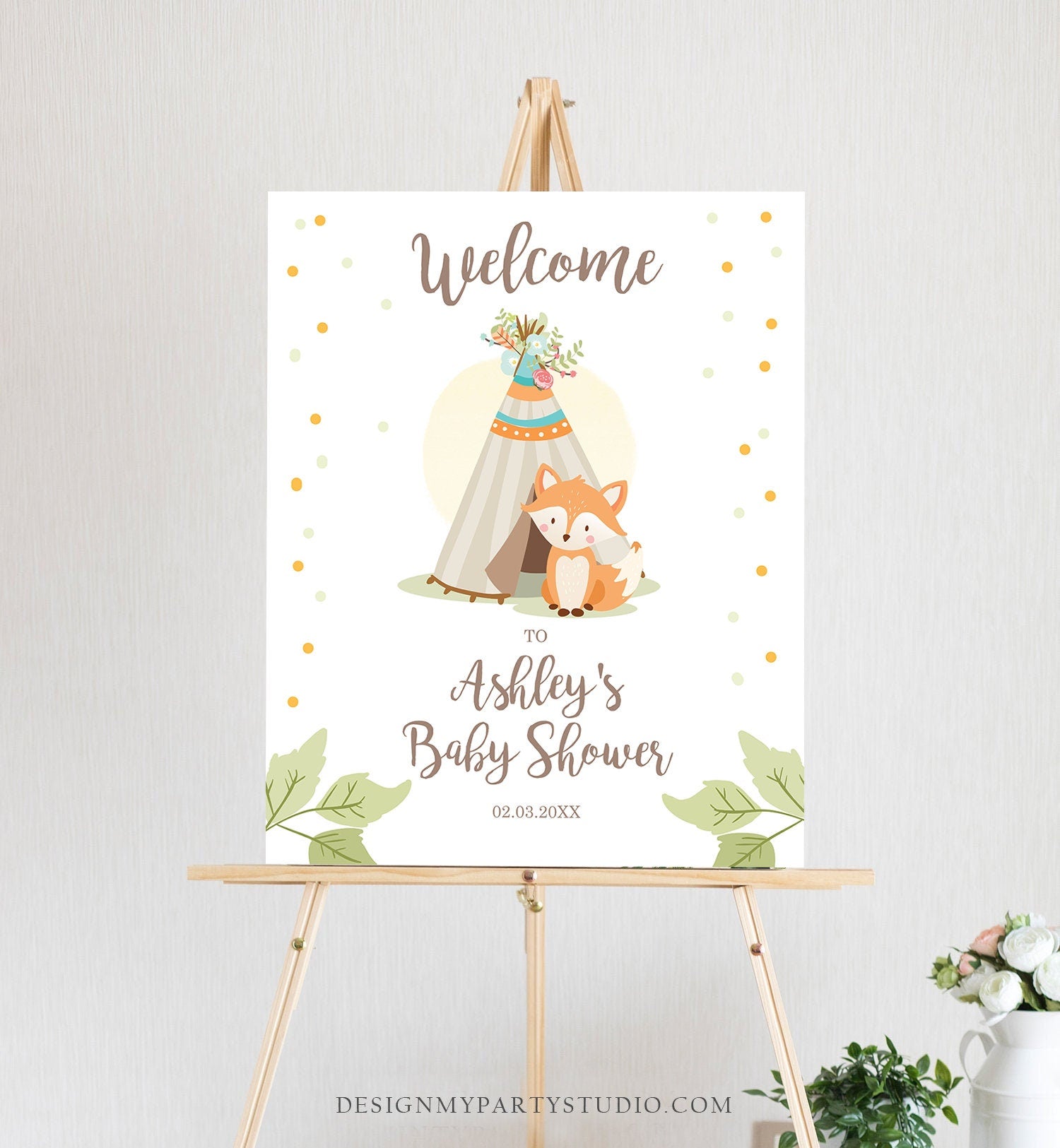 Editable Woodland Welcome Sign Fox Baby Shower Woodland Birthday Party Teepee Welcome Gender Neutral Greenery Corjl Template PRINTABLE 0052