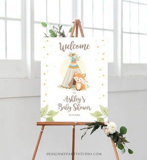 Editable Woodland Welcome Sign Fox Baby Shower Woodland Birthday Party Teepee Welcome Gender Neutral Greenery Corjl Template PRINTABLE 0052