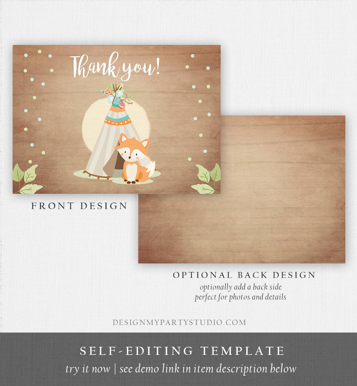 Editable Fox Thank you Card Woodland Thank you Note Fox Baby Shower Forest Birthday Teepee Boy Thank you Card Template Download Corjl 0052