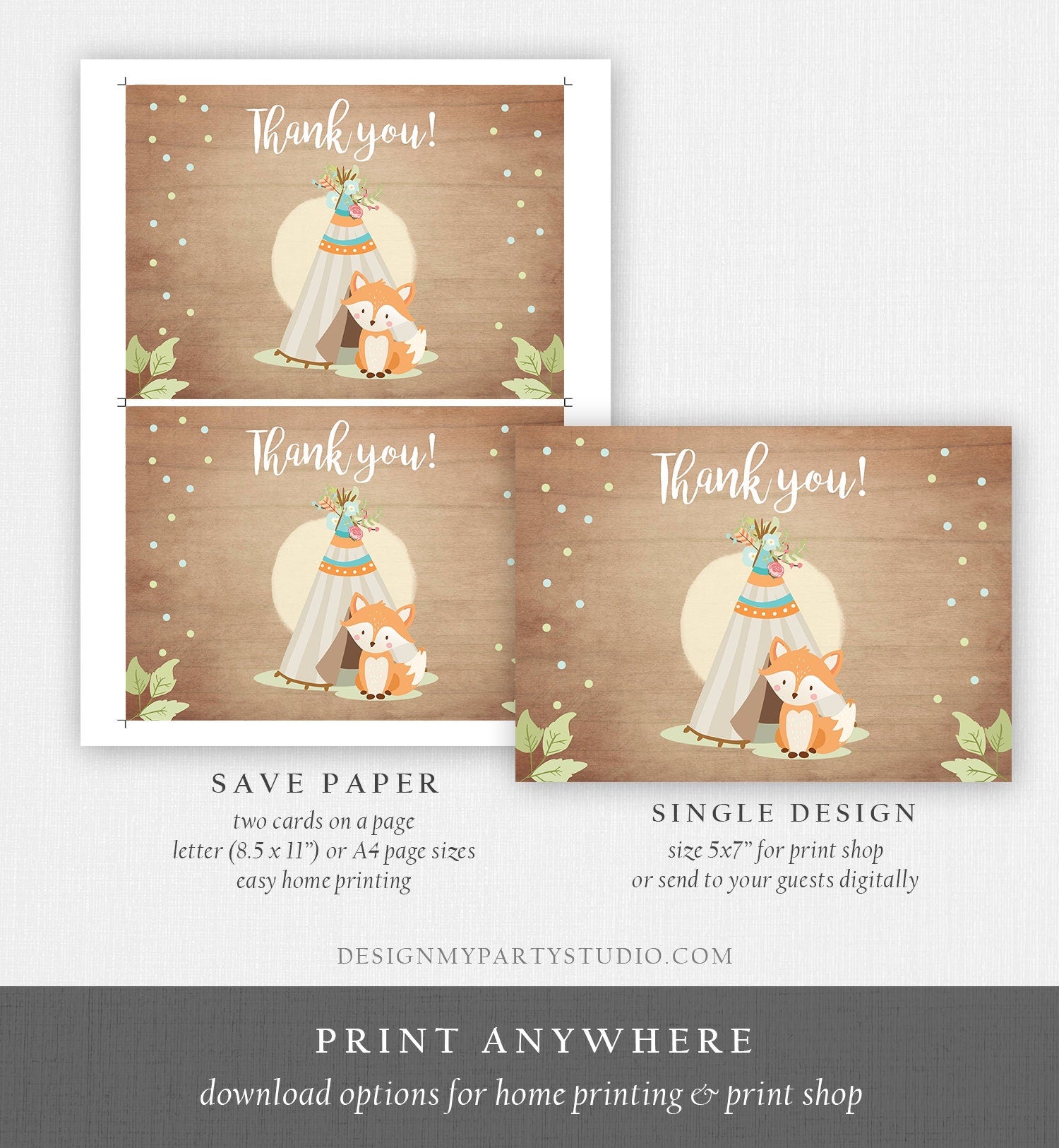 Editable Fox Thank you Card Woodland Thank you Note Fox Baby Shower Forest Birthday Teepee Boy Thank you Card Template Download Corjl 0052