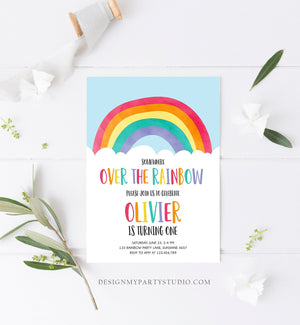 Editable Over the Rainbow Birthday Invitation Boy Girl Neutral Clouds Blue Rainbow Fun First Birthday Digital Corjl Template Printable 0272