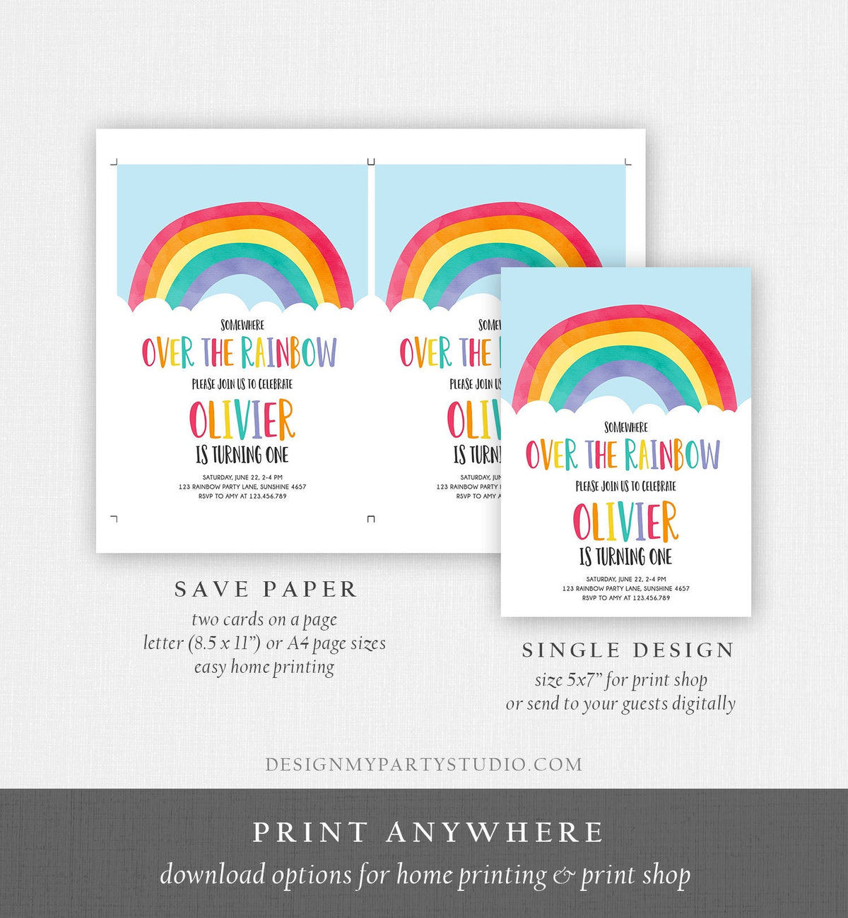 Editable Over the Rainbow Birthday Invitation Boy Girl Neutral Clouds Blue Rainbow Fun First Birthday Digital Corjl Template Printable 0272