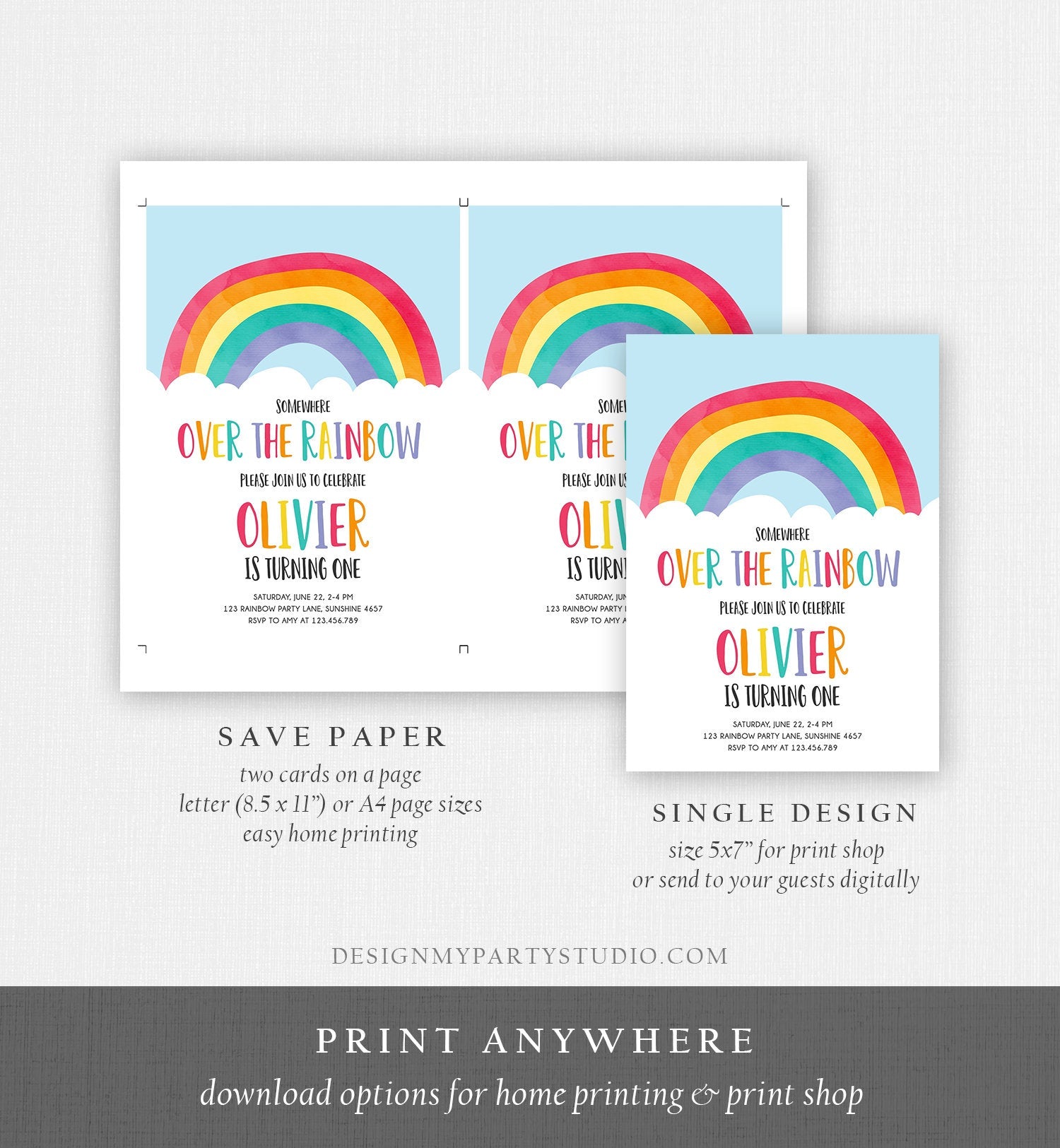 Editable Over the Rainbow Birthday Invitation Boy Girl Neutral Clouds Blue Rainbow Fun First Birthday Digital Corjl Template Printable 0272