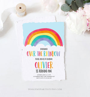 Editable Over the Rainbow Birthday Invitation Boy Girl Neutral Clouds Blue Rainbow Fun First Birthday Digital Corjl Template Printable 0272