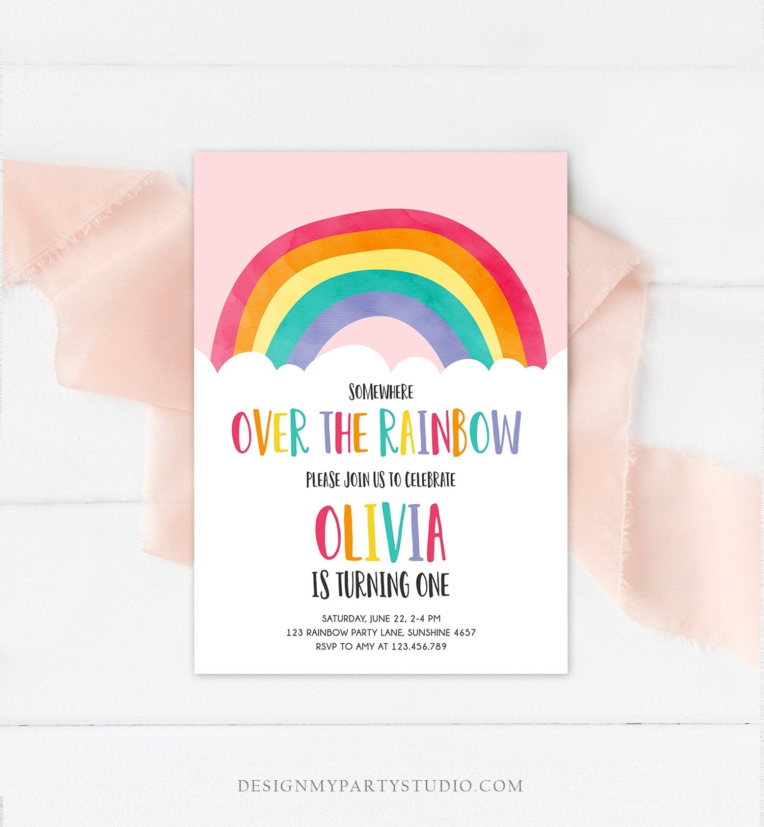 Editable Over the Rainbow Birthday Invitation Boy Girl Neutral Clouds Pink Rainbow Fun First Birthday Digital Corjl Template Printable 0272