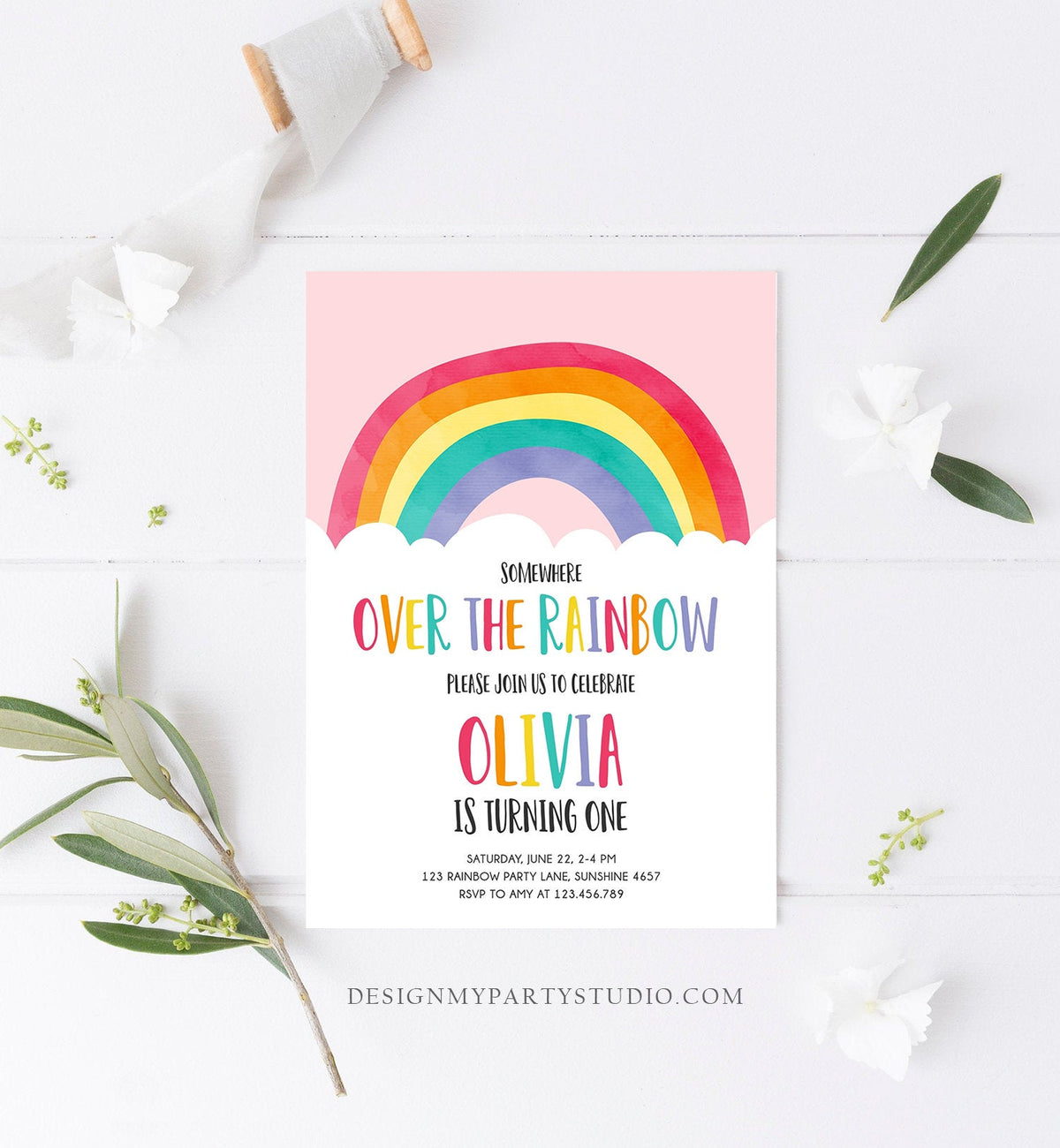 Editable Over the Rainbow Birthday Invitation Boy Girl Neutral Clouds Pink Rainbow Fun First Birthday Digital Corjl Template Printable 0272