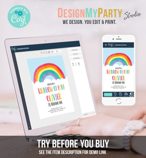 Editable Rainbow Fun Birthday Invitation Boy Girl Neutral Clouds Blue Rainbow Fun First Birthday Digital Corjl Template Printable 0272