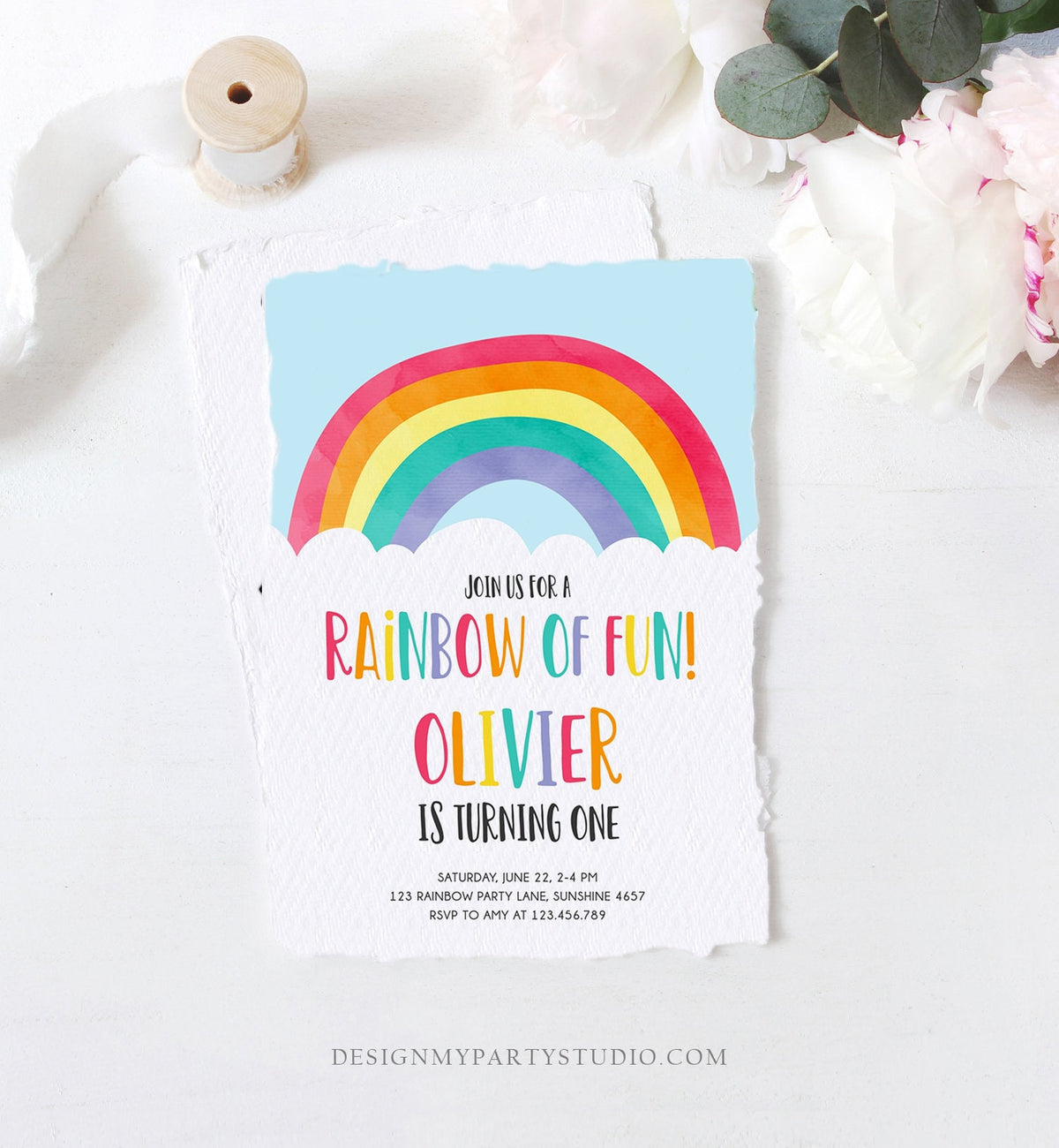 Editable Rainbow Fun Birthday Invitation Boy Girl Neutral Clouds Blue Rainbow Fun First Birthday Digital Corjl Template Printable 0272