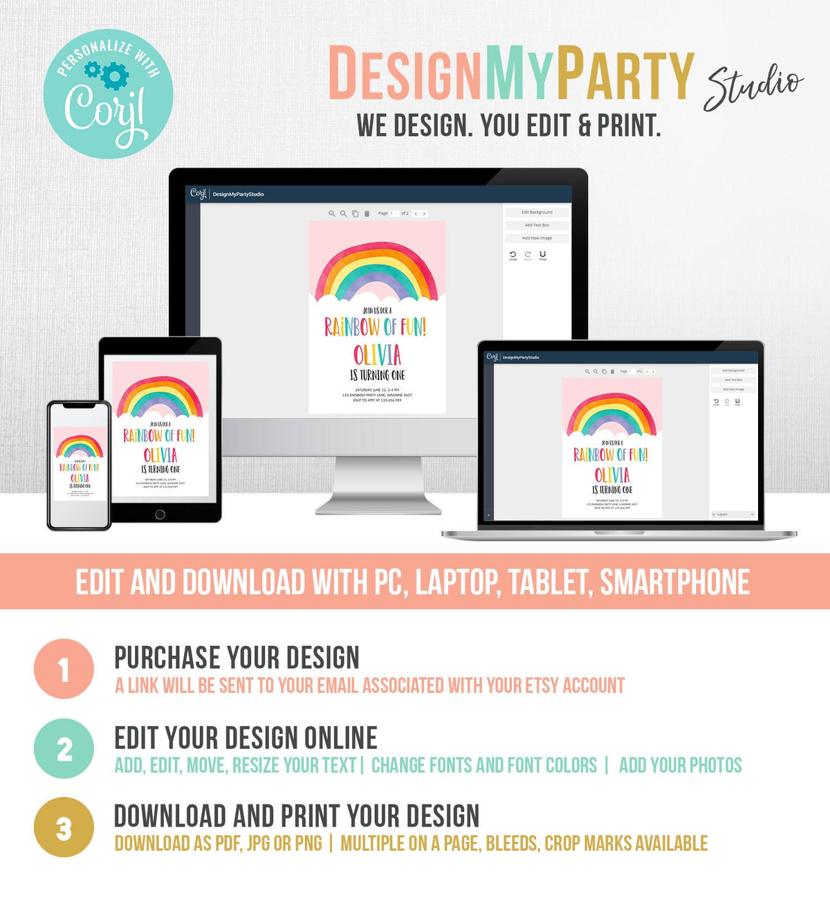 Editable Rainbow Fun Birthday Invitation Boy Girl Neutral Clouds Pink Rainbow Fun First Birthday Digital Corjl Template Printable 0272