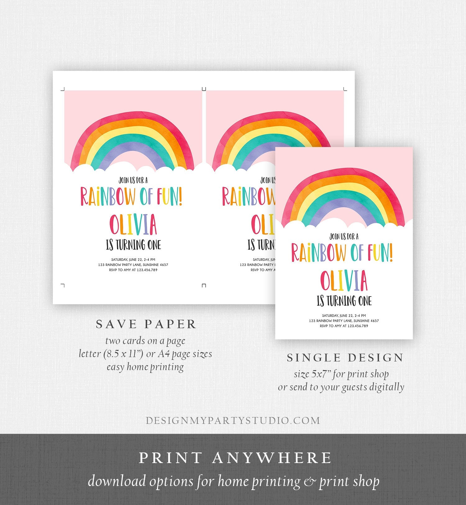 Editable Rainbow Fun Birthday Invitation Boy Girl Neutral Clouds Pink Rainbow Fun First Birthday Digital Corjl Template Printable 0272