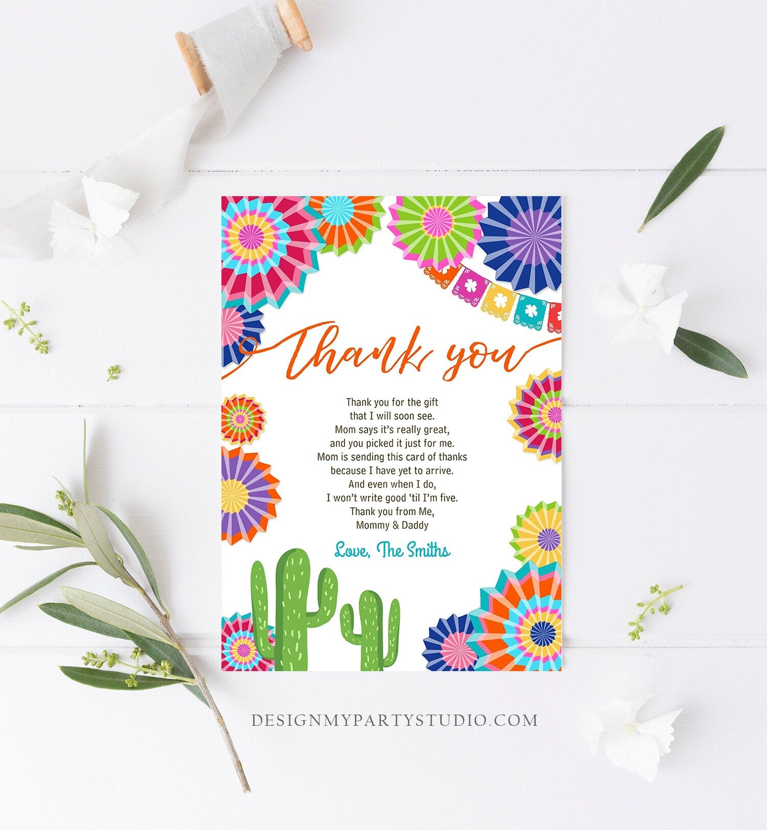 Editable Fiesta Baby Shower Thank You Card Insert Let's Fiesta Mexican Cactus Thank You Note Download Digital Corjl Template Printable 0236