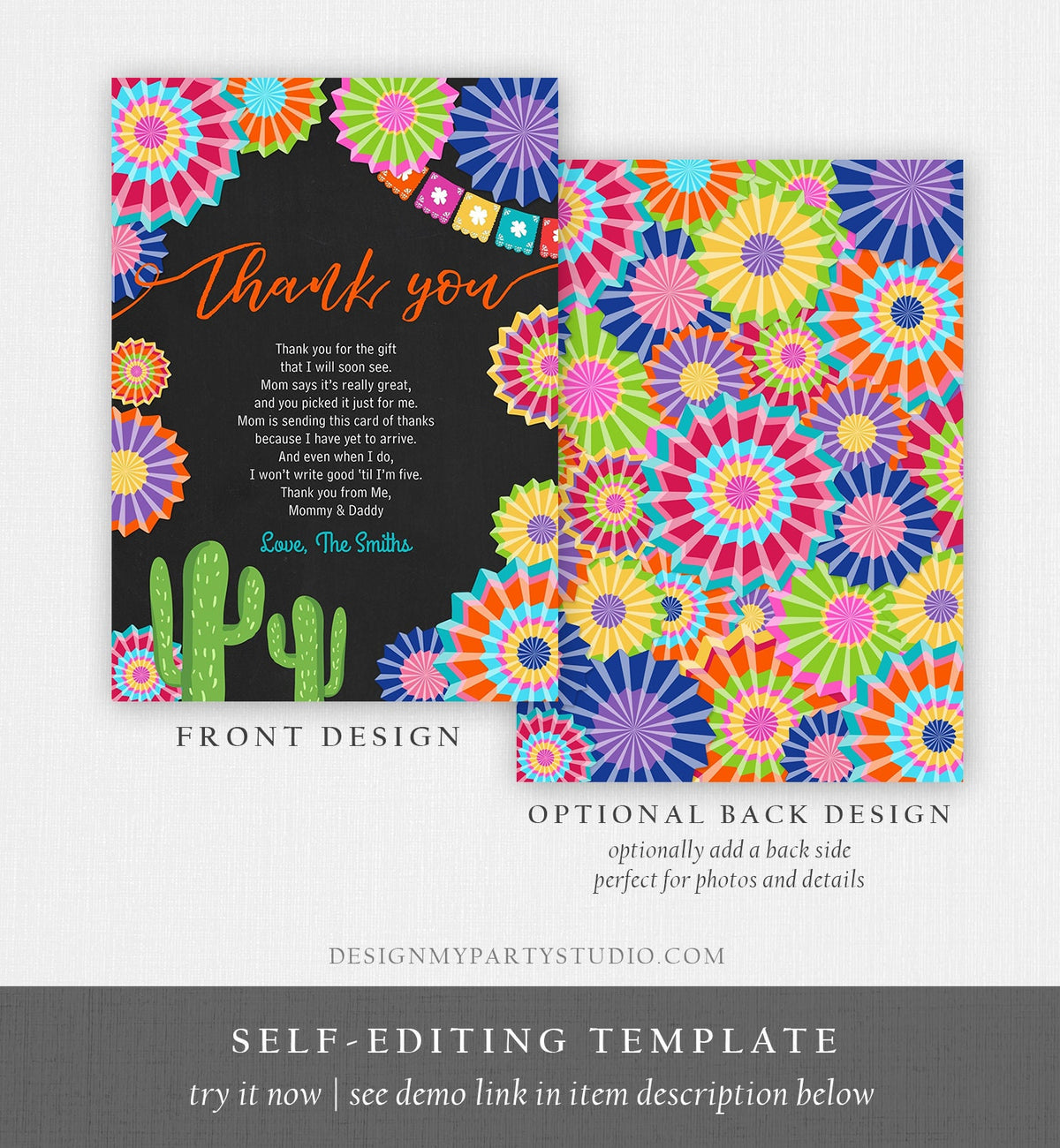 Editable Fiesta Baby Shower Thank You Card Insert Let&#39;s Fiesta Mexican Cactus Thank You Note Download Digital Corjl Template Printable 0236