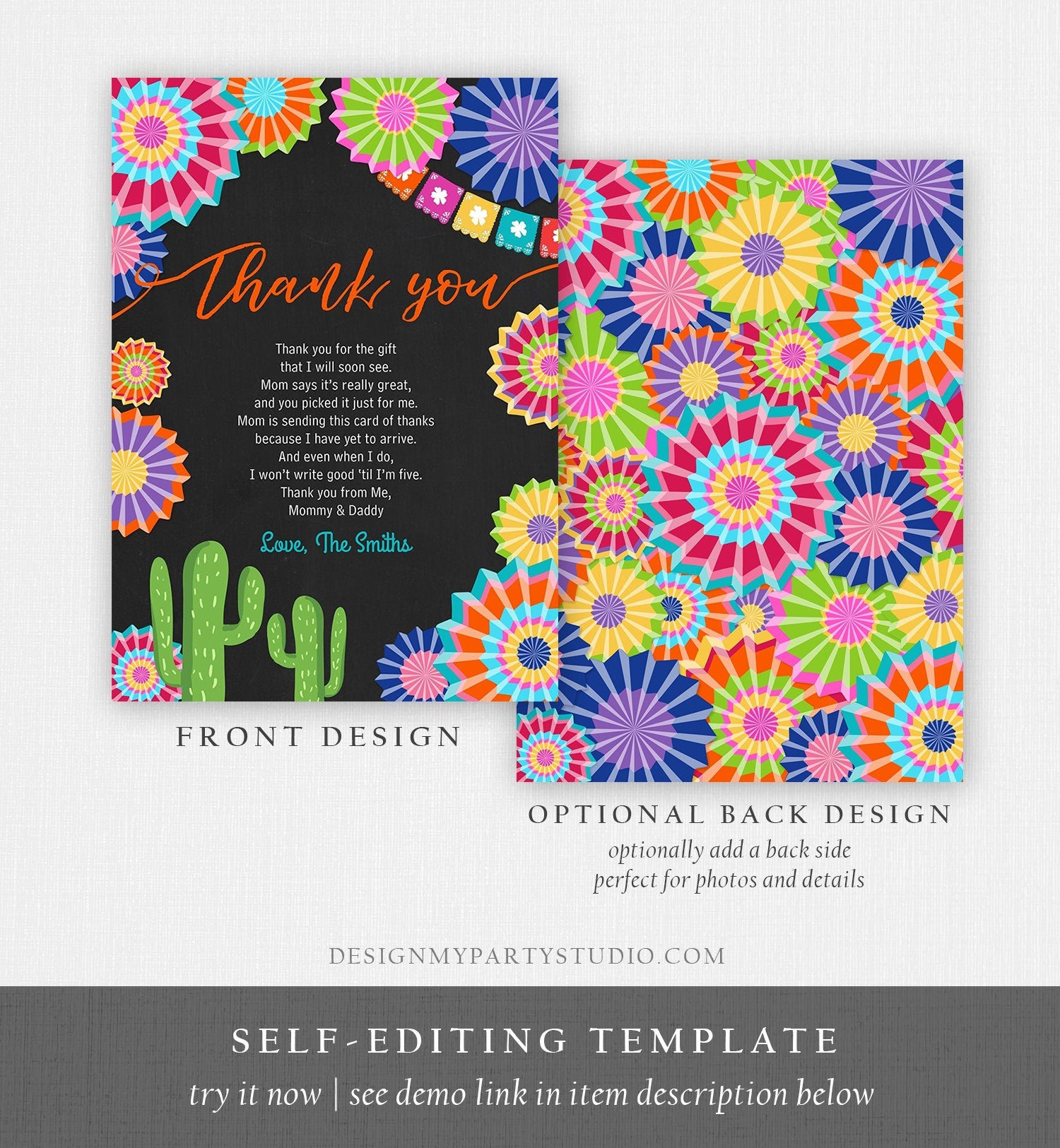 Editable Fiesta Baby Shower Thank You Card Insert Let's Fiesta Mexican Cactus Thank You Note Download Digital Corjl Template Printable 0236