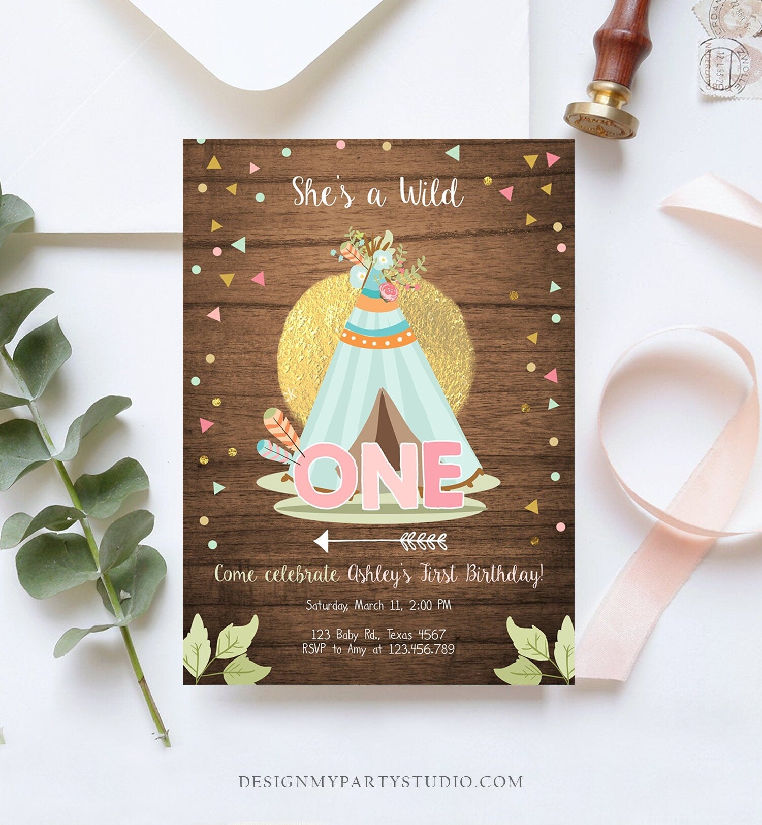 Editable Wild One Birthday Invitation Teepee Boho Tribal First Birthday Girl Pink Gold Teal Digital Download Printable Corjl Template 0092