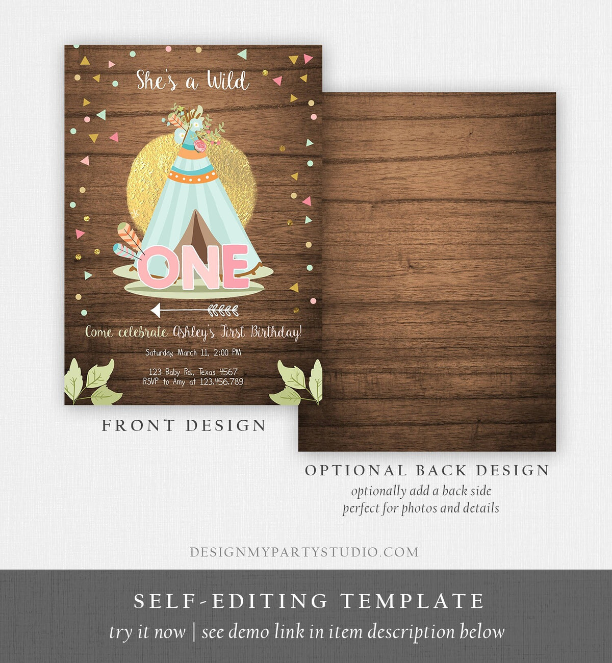 Editable Wild One Birthday Invitation Teepee Boho Tribal First Birthday Girl Pink Gold Teal Digital Download Printable Corjl Template 0092