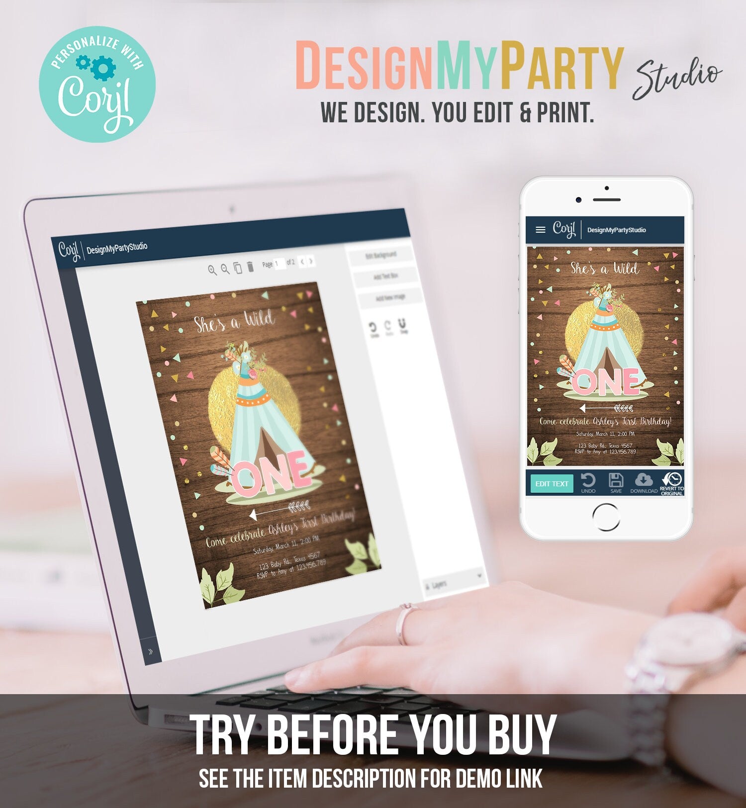 Editable Wild One Birthday Invitation Teepee Boho Tribal First Birthday Girl Pink Gold Teal Digital Download Printable Corjl Template 0092