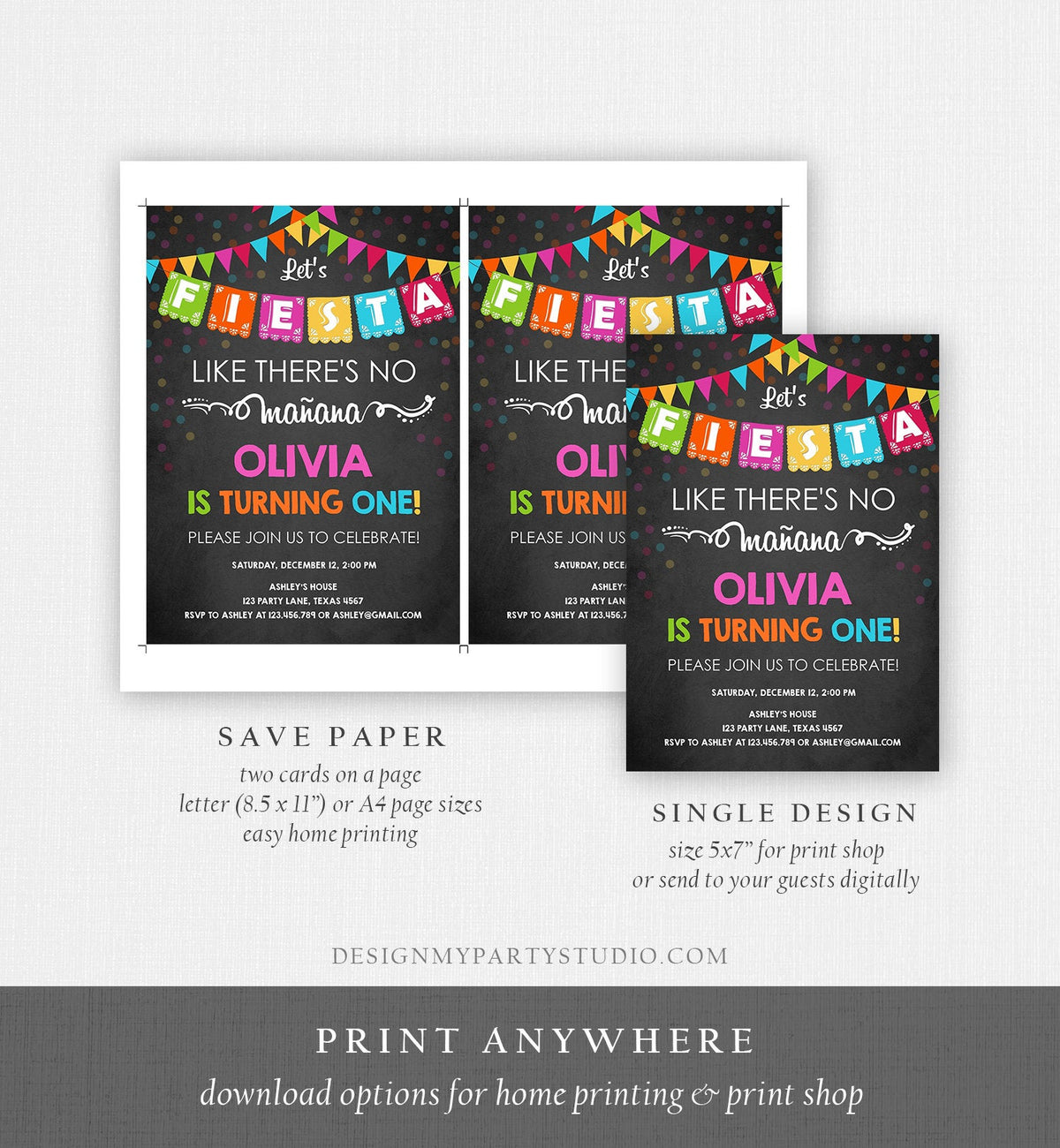 Editable Fiesta Birthday Invitation Let&#39;s Fiesta Like There is no Manana Cactus Mexican No Time to Siesta First Birthday Corjl Template 0045