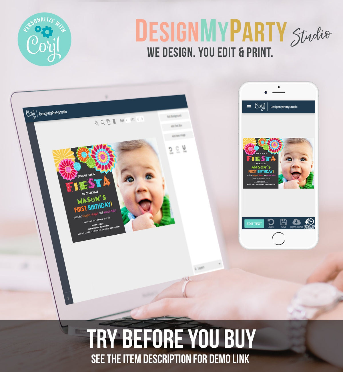 Editable Fiesta Birthday Invitation Let&#39;s Fiesta No Time To Siesta Cactus Mexican Boy First Birthday 1st Printable Corjl Template 0045