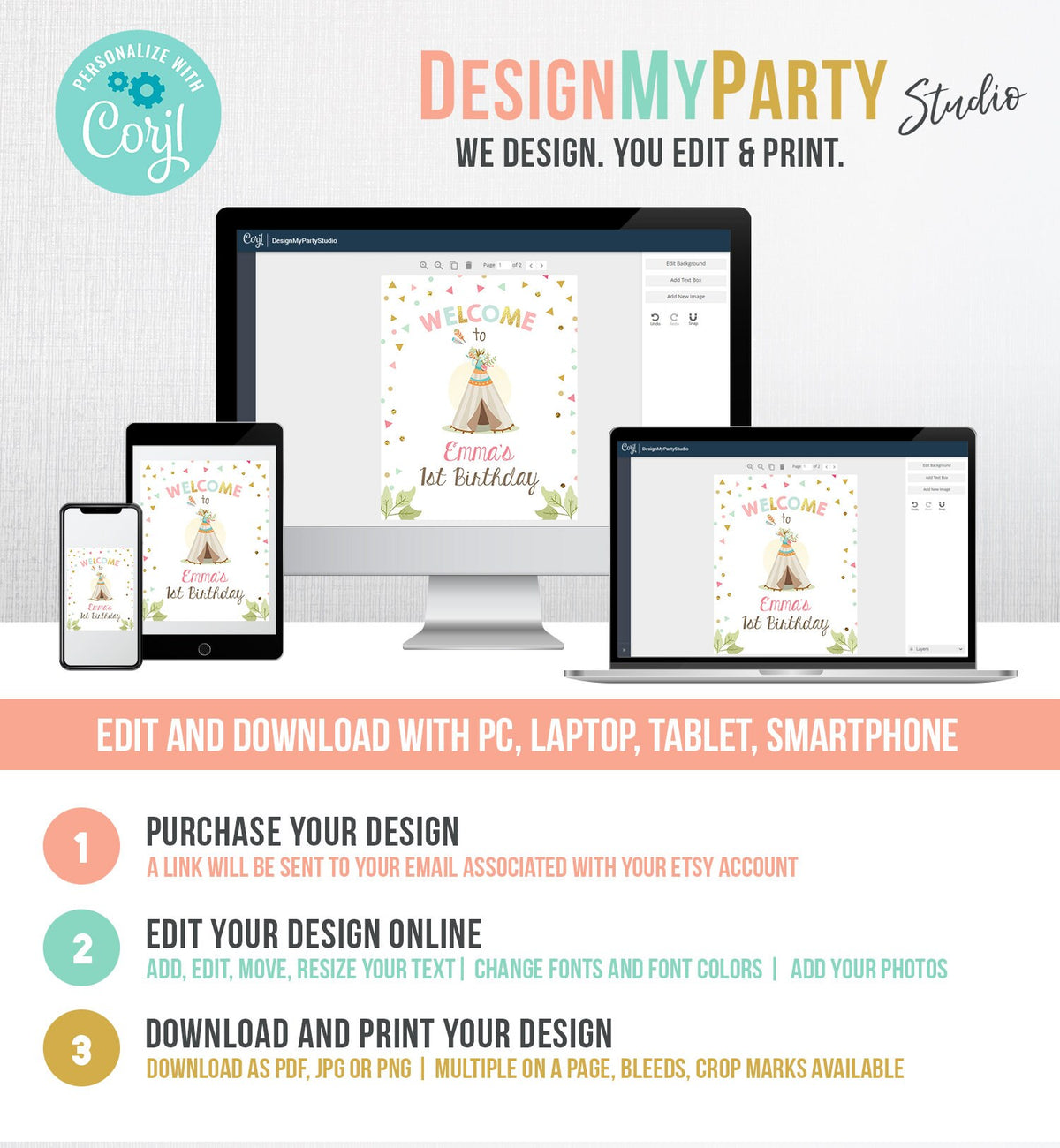 Editable Wild One Welcome Sign Party Wild and Three Birthday Sign Tribal Teepee Baby Shower Girl Boho Template PRINTABLE Corjl 0092