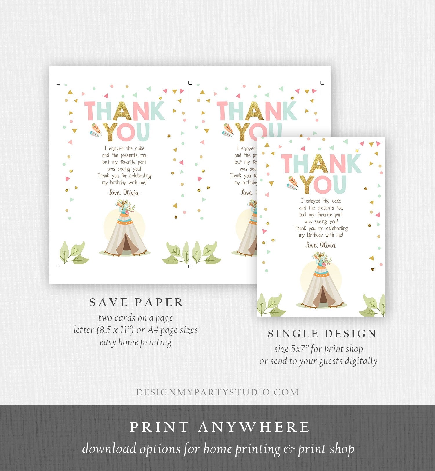 Editable Teepee Thank You Card Wild One Thank you Note Wild Three Birthday Tribal Feathers Pink Gold Girl Printable Template Corjl 0092