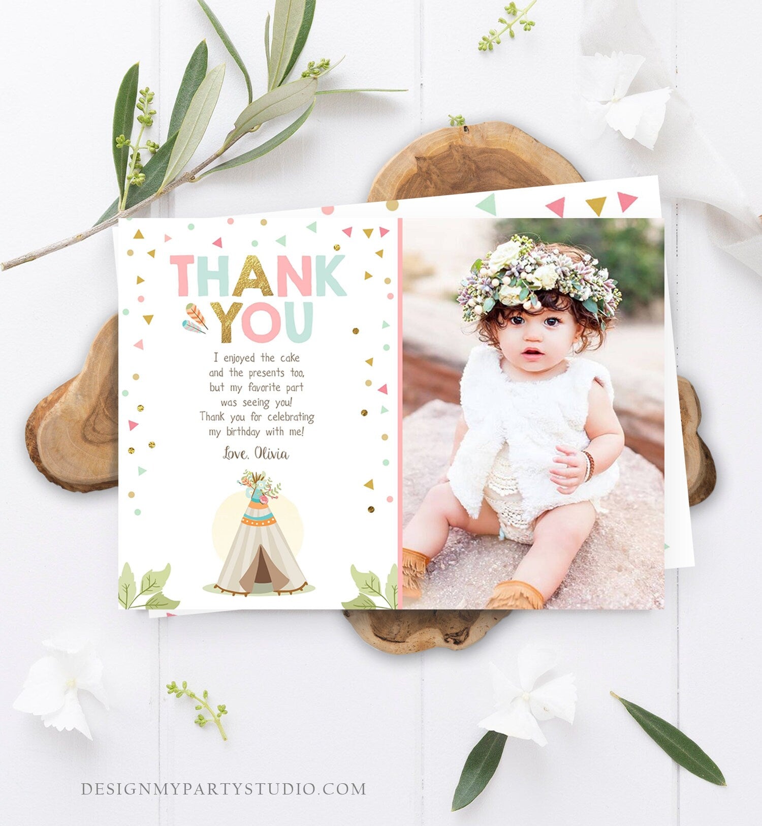 Editable Teepee Thank You Card Wild One Thank you Note Wild Three Birthday Tribal Feathers Pink Gold Girl Printable Template Corjl 0092