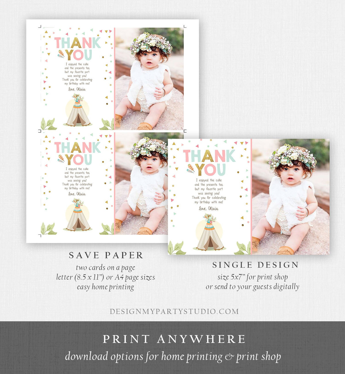 Editable Teepee Thank You Card Wild One Thank you Note Wild Three Birthday Tribal Feathers Pink Gold Girl Printable Template Corjl 0092