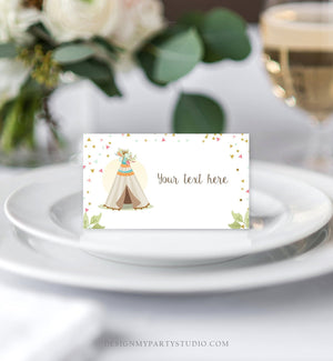 Editable Teepee Food Labels Wild One Place Card Birthday Wild Three Tent Card Tribal Boho Pink Gold Girl Printable Template Corjl 0092