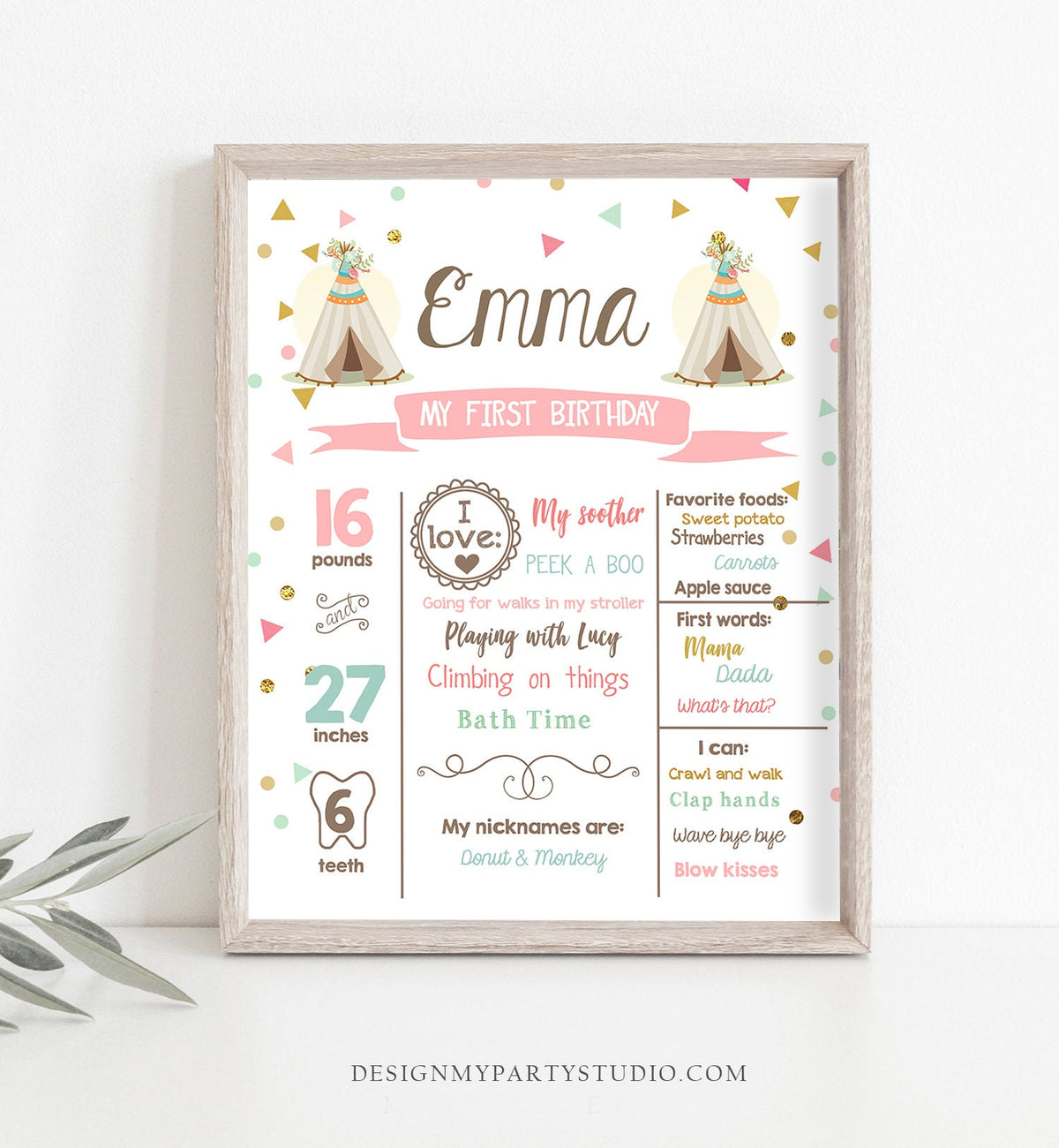 Editable Teepee Birthday Milestones Sign Wild One Tribal First Birthday 1st Birthday Girl Pink Gold Boho Download Template Printable 0092
