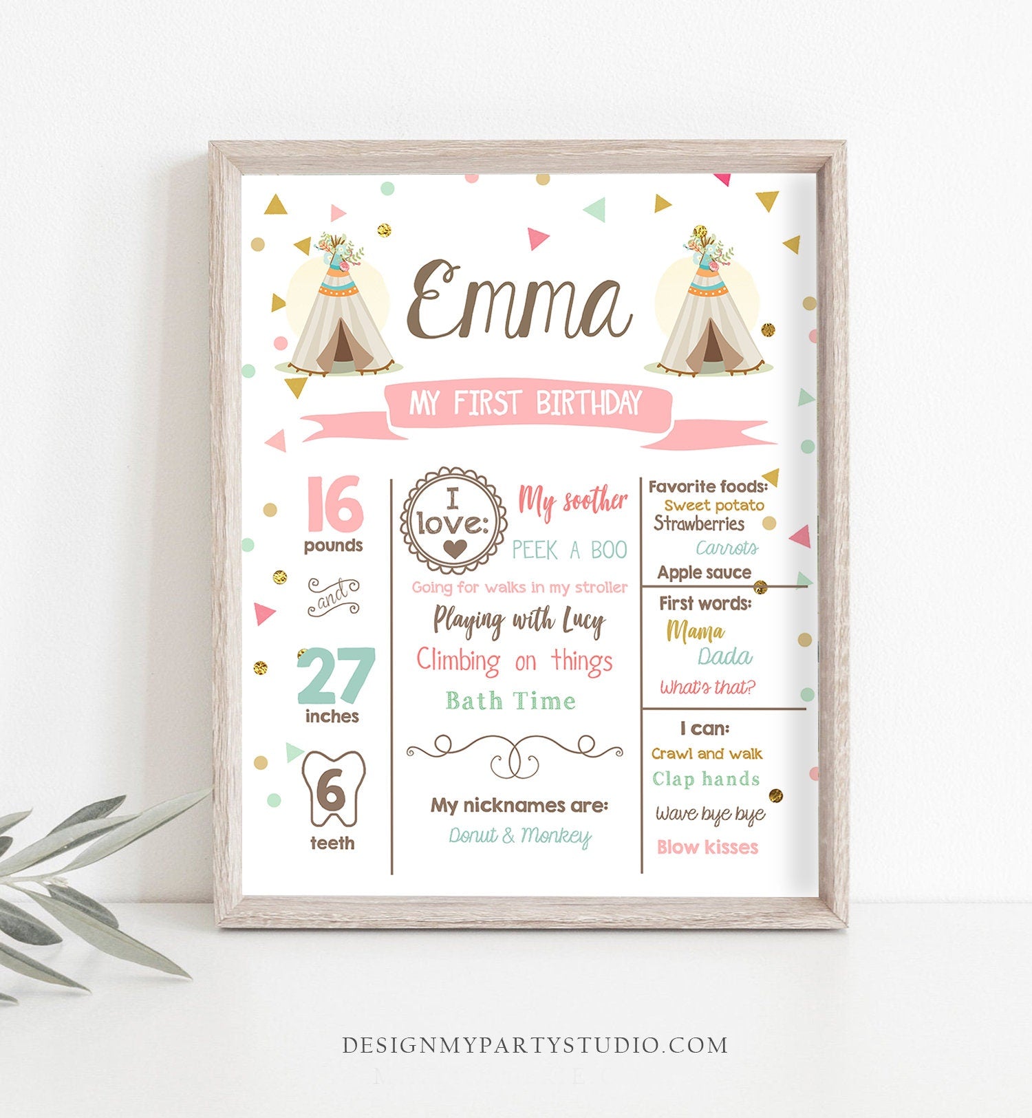 Editable Teepee Birthday Milestones Sign Wild One Tribal First Birthday 1st Birthday Girl Pink Gold Boho Download Template Printable 0092