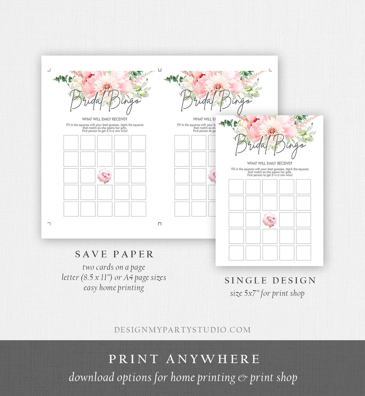 Editable Bridal Bingo Bridal Shower Game Botanical Flowers Floral Game Pink Peony Greenery Digital Download Corjl Template Printable 0167