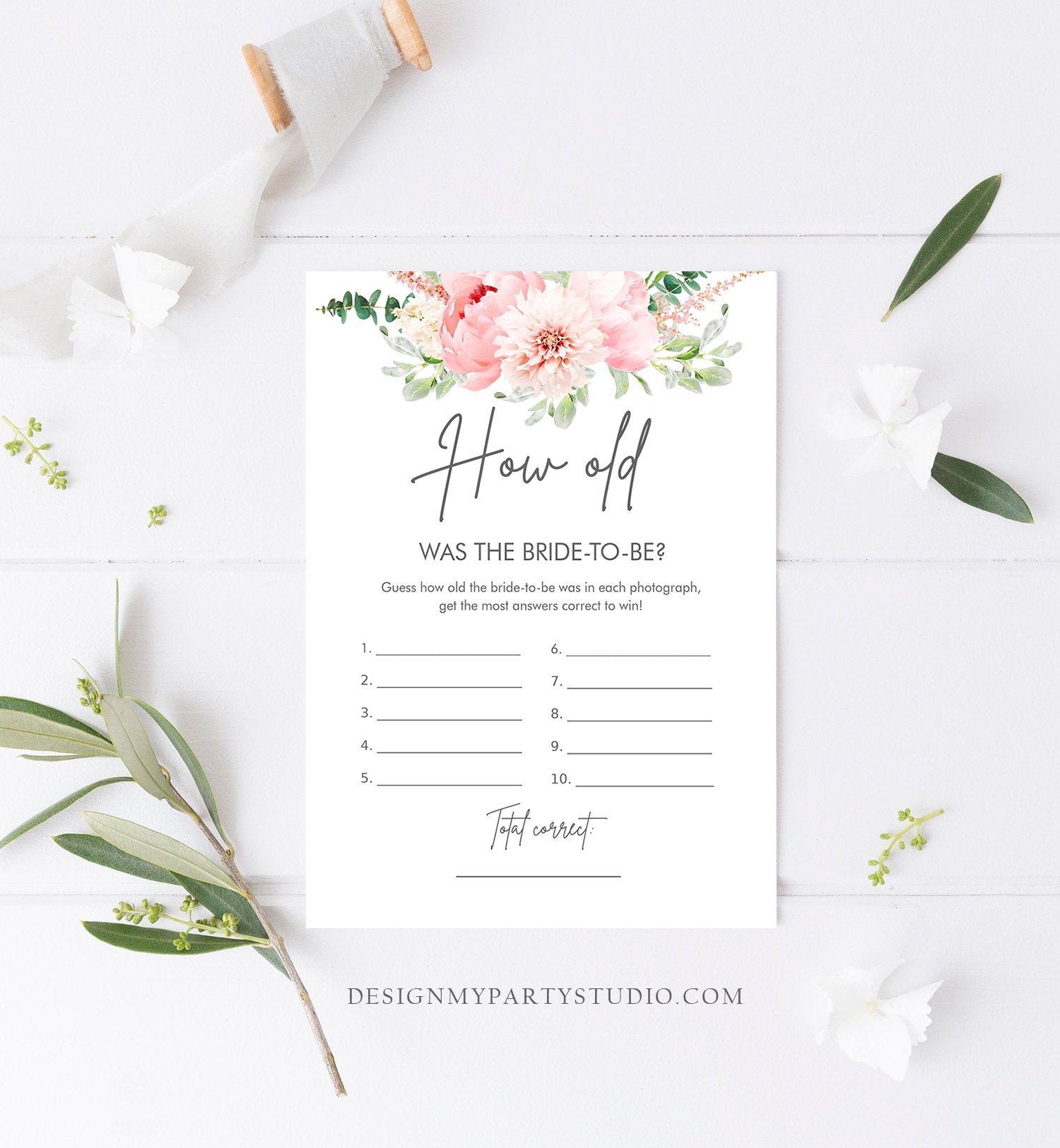 Editable How Old Bridal Shower Game Was The Bride to Be Botanical Flowers Floral Pink Peony Greenery Download Corjl Template Printable 0167
