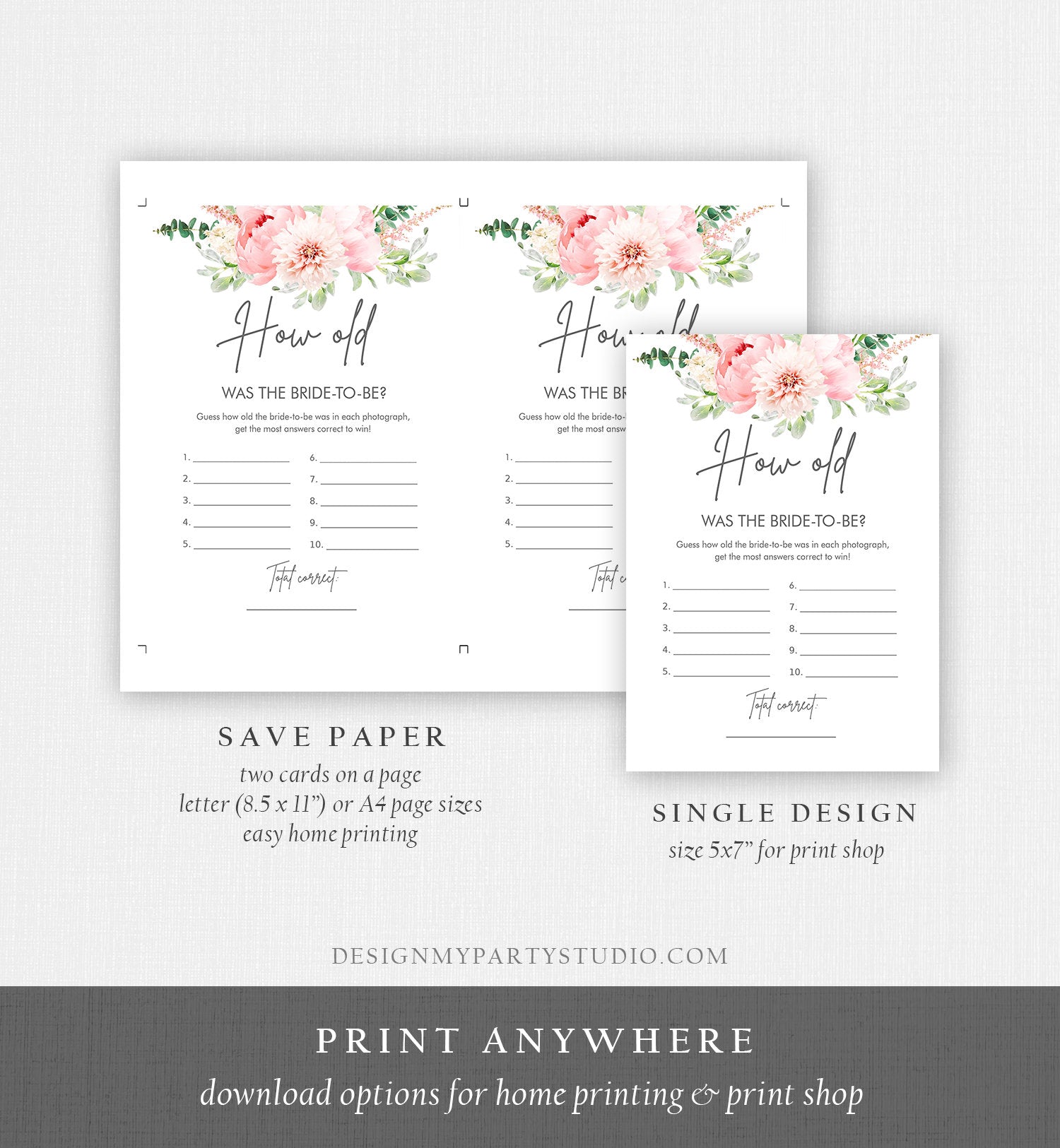 Editable How Old Bridal Shower Game Was The Bride to Be Botanical Flowers Floral Pink Peony Greenery Download Corjl Template Printable 0167