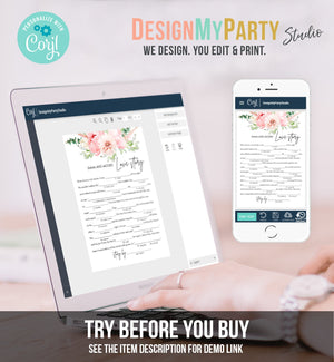 Editable Love Story Bridal Shower Game Mad Libs Botanical Flowers Floral Pink Peony Greenery Digital Download Corjl Template Printable 0167
