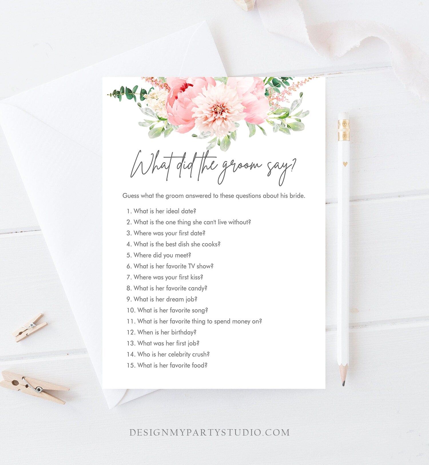 Editable What Did The Groom Say Bridal Shower Game Botanical Flowers Floral Game Pink Peony Greenery What Did He Said Corjl Template 0167