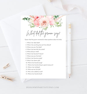 Editable What Did The Groom Say Bridal Shower Game Botanical Flowers Floral Game Pink Peony Greenery What Did He Said Corjl Template 0167